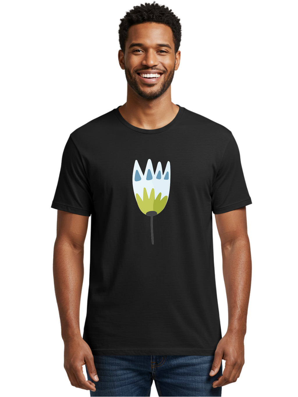 Tulip Men'S Graphic Tee, 100% Cotton, Comfortable Casual Summer Wear, Machine Washable, Stylized Tulip, White Petals, Yellow Center, Blue Teardrop Shapes, Simple Illustration, Spring Flower, Minimalist Design, Floral Graphic Aad770