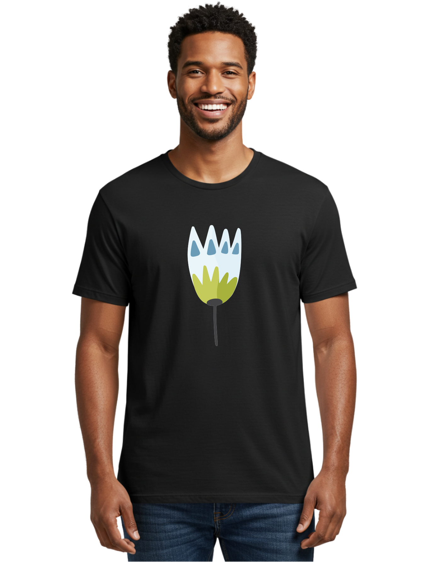 Tulip Men'S Graphic Tee, 100% Cotton, Comfortable Casual Summer Wear, Machine Washable, Stylized Tulip, White Petals, Yellow Center, Blue Teardrop Shapes, Simple Illustration, Spring Flower, Minimalist Design, Floral Graphic Aad770