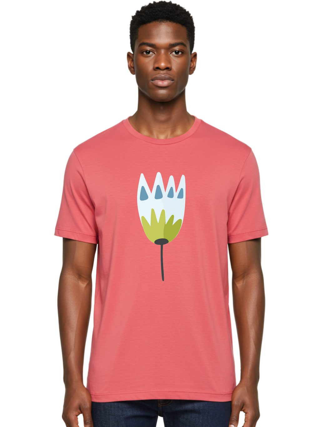 Tulip Men'S Graphic Tee, 100% Cotton, Comfortable Casual Summer Wear, Machine Washable, Stylized Tulip, White Petals, Yellow Center, Blue Teardrop Shapes, Simple Illustration, Spring Flower, Minimalist Design, Floral Graphic Aad770