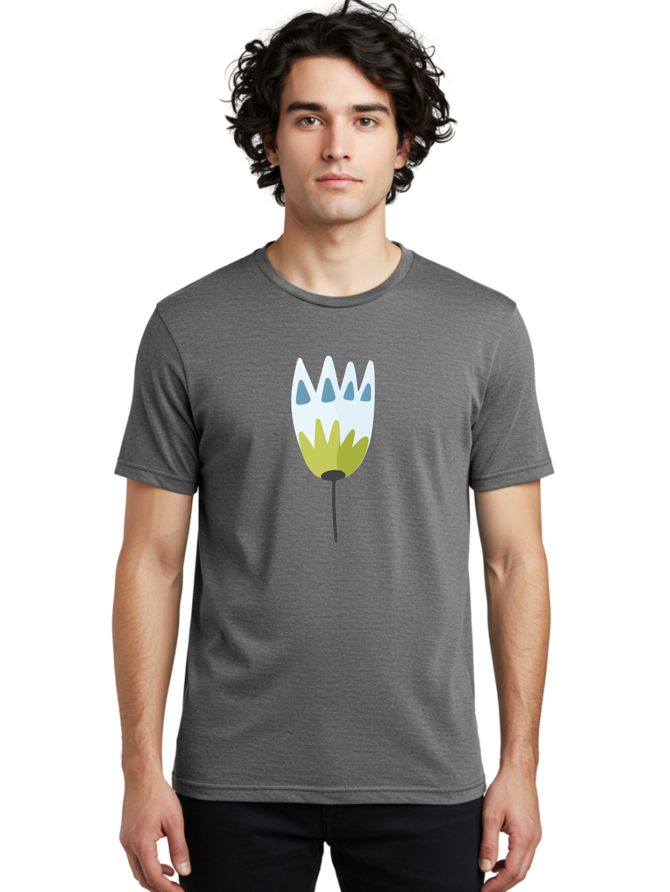 Tulip Men'S Graphic Tee, 100% Cotton, Comfortable Casual Summer Wear, Machine Washable, Stylized Tulip, White Petals, Yellow Center, Blue Teardrop Shapes, Simple Illustration, Spring Flower, Minimalist Design, Floral Graphic Aad770