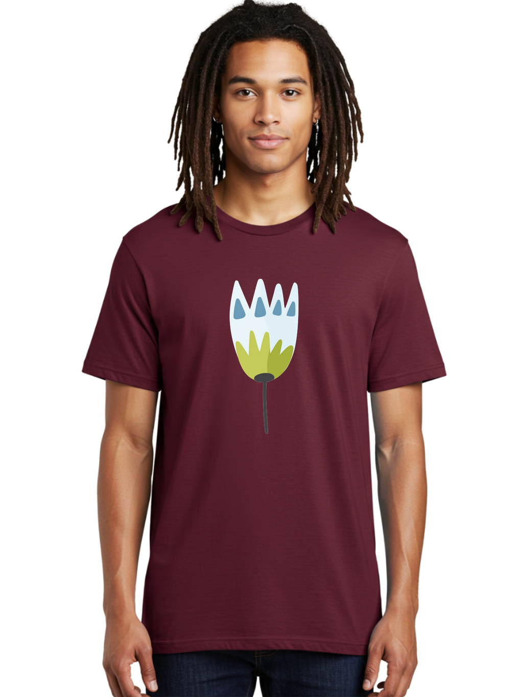 Tulip Men'S Graphic Tee, 100% Cotton, Comfortable Casual Summer Wear, Machine Washable, Stylized Tulip, White Petals, Yellow Center, Blue Teardrop Shapes, Simple Illustration, Spring Flower, Minimalist Design, Floral Graphic Aad770