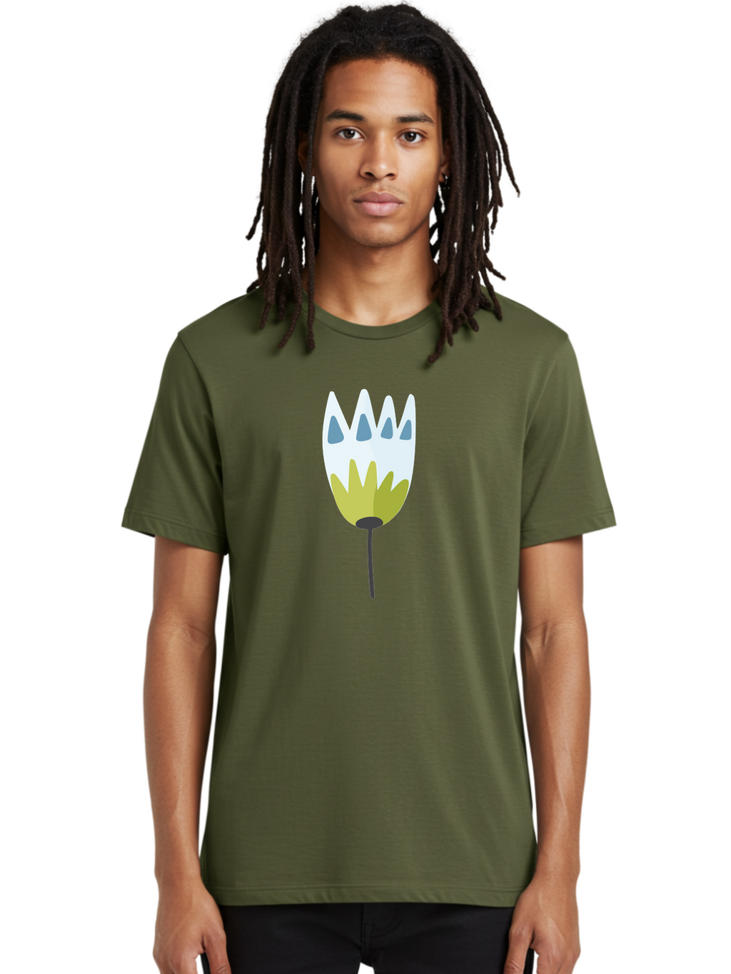 Tulip Men'S Graphic Tee, 100% Cotton, Comfortable Casual Summer Wear, Machine Washable, Stylized Tulip, White Petals, Yellow Center, Blue Teardrop Shapes, Simple Illustration, Spring Flower, Minimalist Design, Floral Graphic Aad770