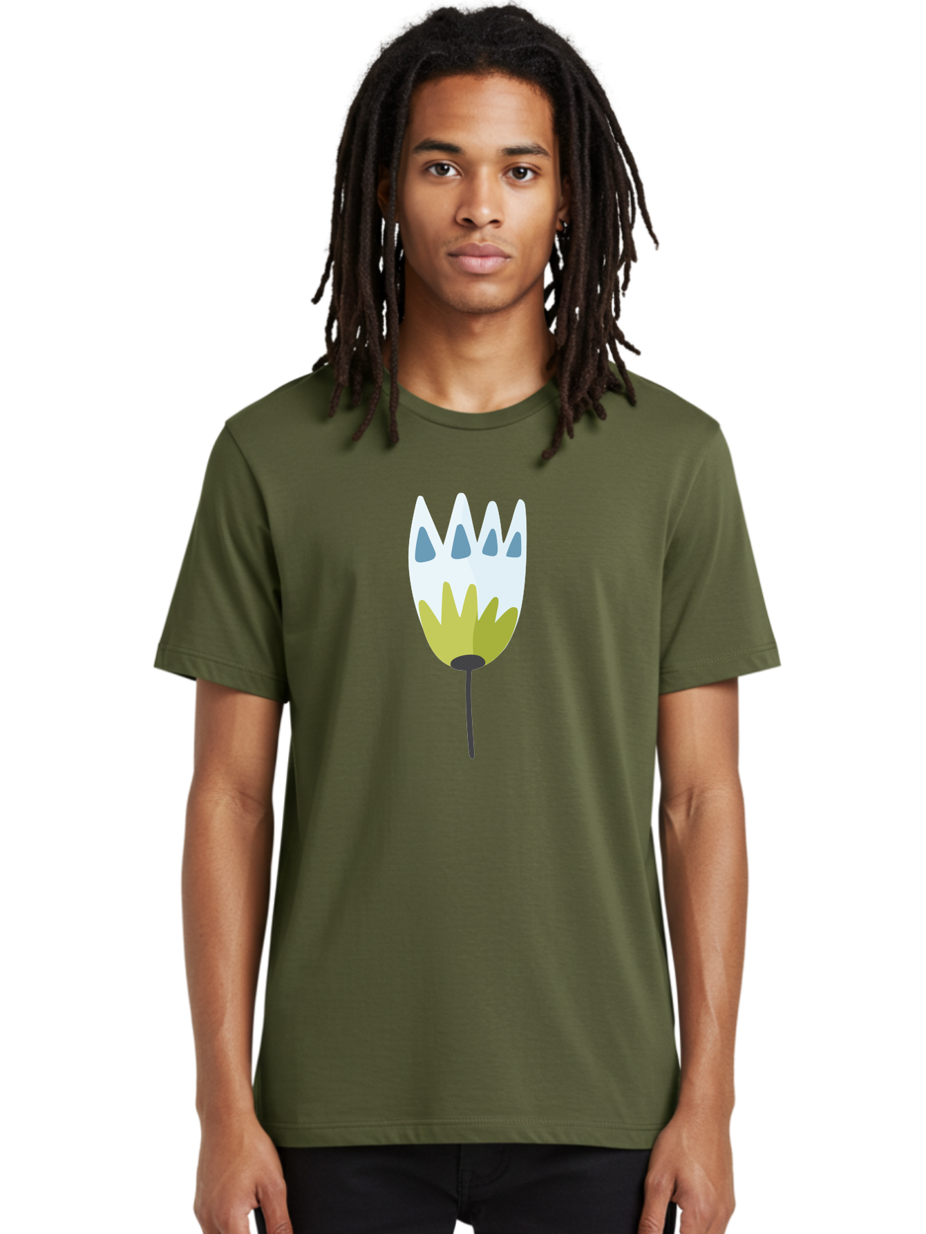 Tulip Men'S Graphic Tee, 100% Cotton, Comfortable Casual Summer Wear, Machine Washable, Stylized Tulip, White Petals, Yellow Center, Blue Teardrop Shapes, Simple Illustration, Spring Flower, Minimalist Design, Floral Graphic Aad770
