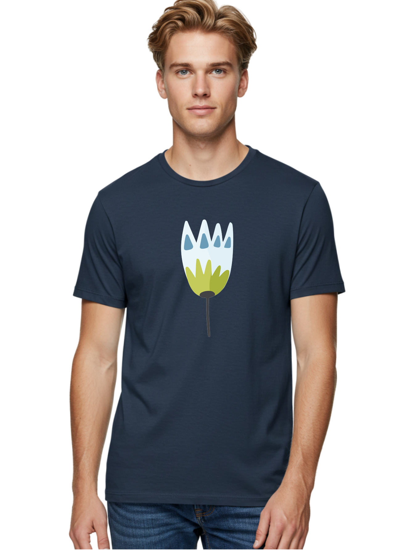 Tulip Men'S Graphic Tee, 100% Cotton, Comfortable Casual Summer Wear, Machine Washable, Stylized Tulip, White Petals, Yellow Center, Blue Teardrop Shapes, Simple Illustration, Spring Flower, Minimalist Design, Floral Graphic Aad770