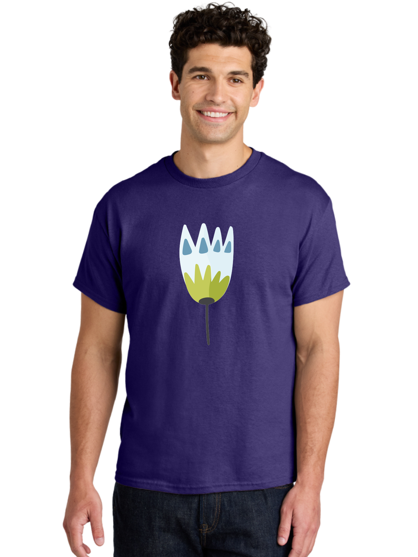 Tulip Men'S Graphic Tee, 100% Cotton, Comfortable Casual Summer Wear, Machine Washable, Stylized Tulip, White Petals, Yellow Center, Blue Teardrop Shapes, Simple Illustration, Spring Flower, Minimalist Design, Floral Graphic Aad770