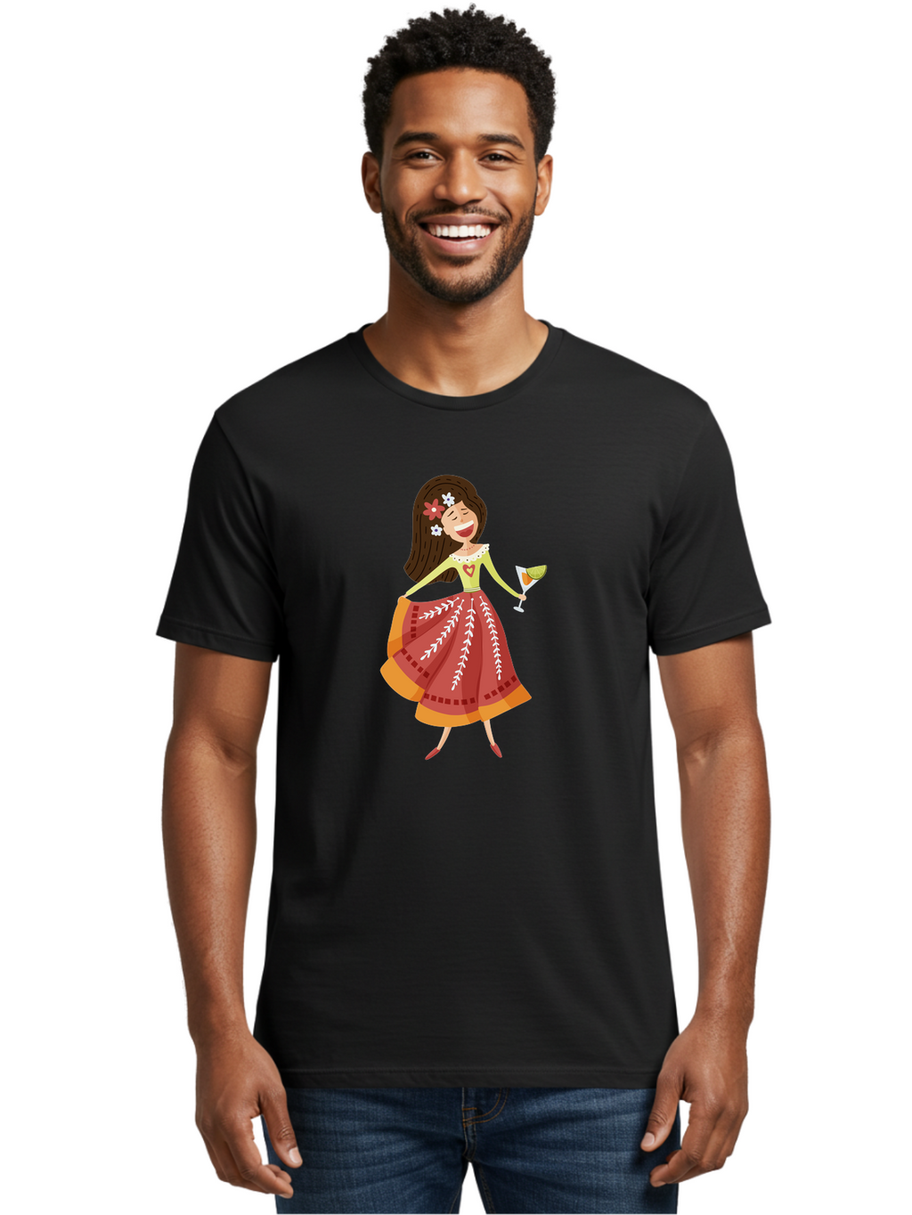 Woman-With-Cocktail Men'S Graphic Tee, 100% Cotton, Comfortable Casual Summer Wear, Machine Washable, Happy Woman, Cocktail Glass, Festive Atmosphere, Colorful Dress, Flowers In Hair, Celebratory Drink, Joyful Expression, Elegant Pose Aad773