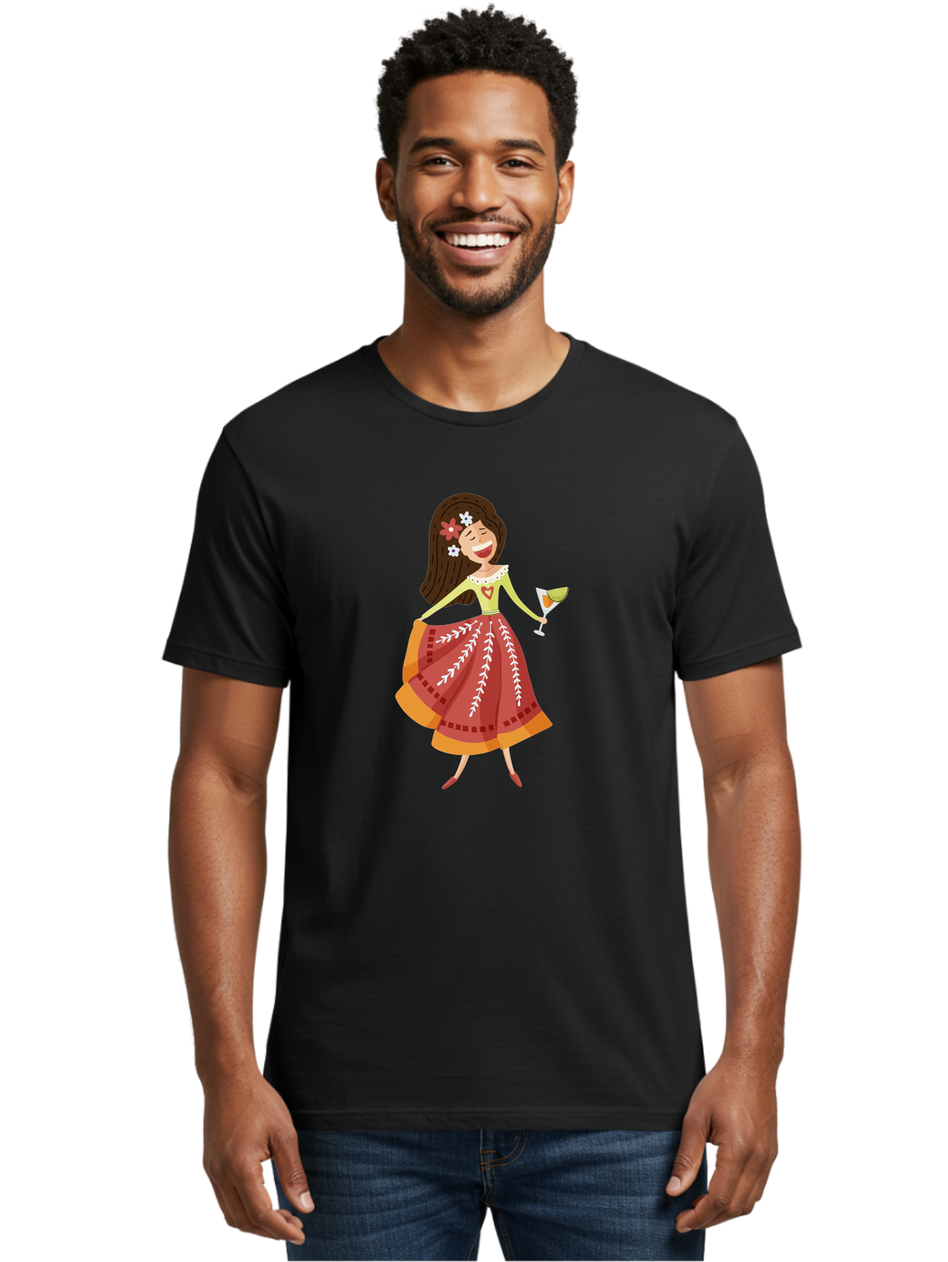 Woman-With-Cocktail Men'S Graphic Tee, 100% Cotton, Comfortable Casual Summer Wear, Machine Washable, Happy Woman, Cocktail Glass, Festive Atmosphere, Colorful Dress, Flowers In Hair, Celebratory Drink, Joyful Expression, Elegant Pose Aad773