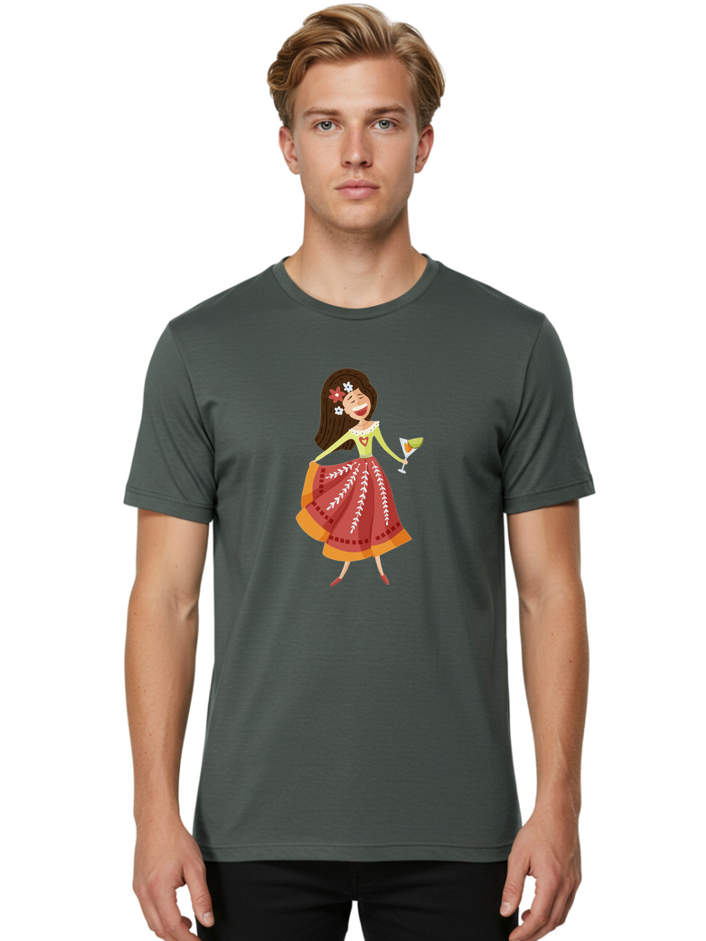 Woman-With-Cocktail Men'S Graphic Tee, 100% Cotton, Comfortable Casual Summer Wear, Machine Washable, Happy Woman, Cocktail Glass, Festive Atmosphere, Colorful Dress, Flowers In Hair, Celebratory Drink, Joyful Expression, Elegant Pose Aad773