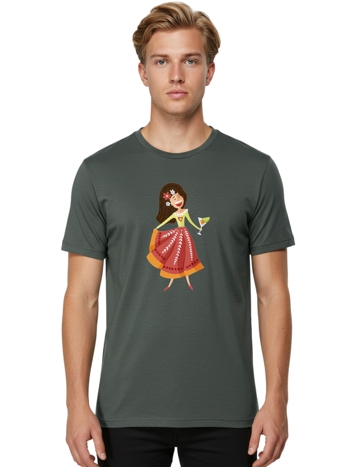Woman-With-Cocktail Men'S Graphic Tee, 100% Cotton, Comfortable Casual Summer Wear, Machine Washable, Happy Woman, Cocktail Glass, Festive Atmosphere, Colorful Dress, Flowers In Hair, Celebratory Drink, Joyful Expression, Elegant Pose Aad773