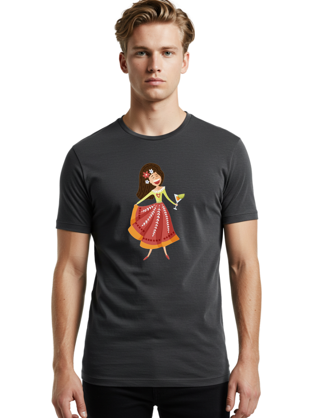 Woman-With-Cocktail Men'S Graphic Tee, 100% Cotton, Comfortable Casual Summer Wear, Machine Washable, Happy Woman, Cocktail Glass, Festive Atmosphere, Colorful Dress, Flowers In Hair, Celebratory Drink, Joyful Expression, Elegant Pose Aad773