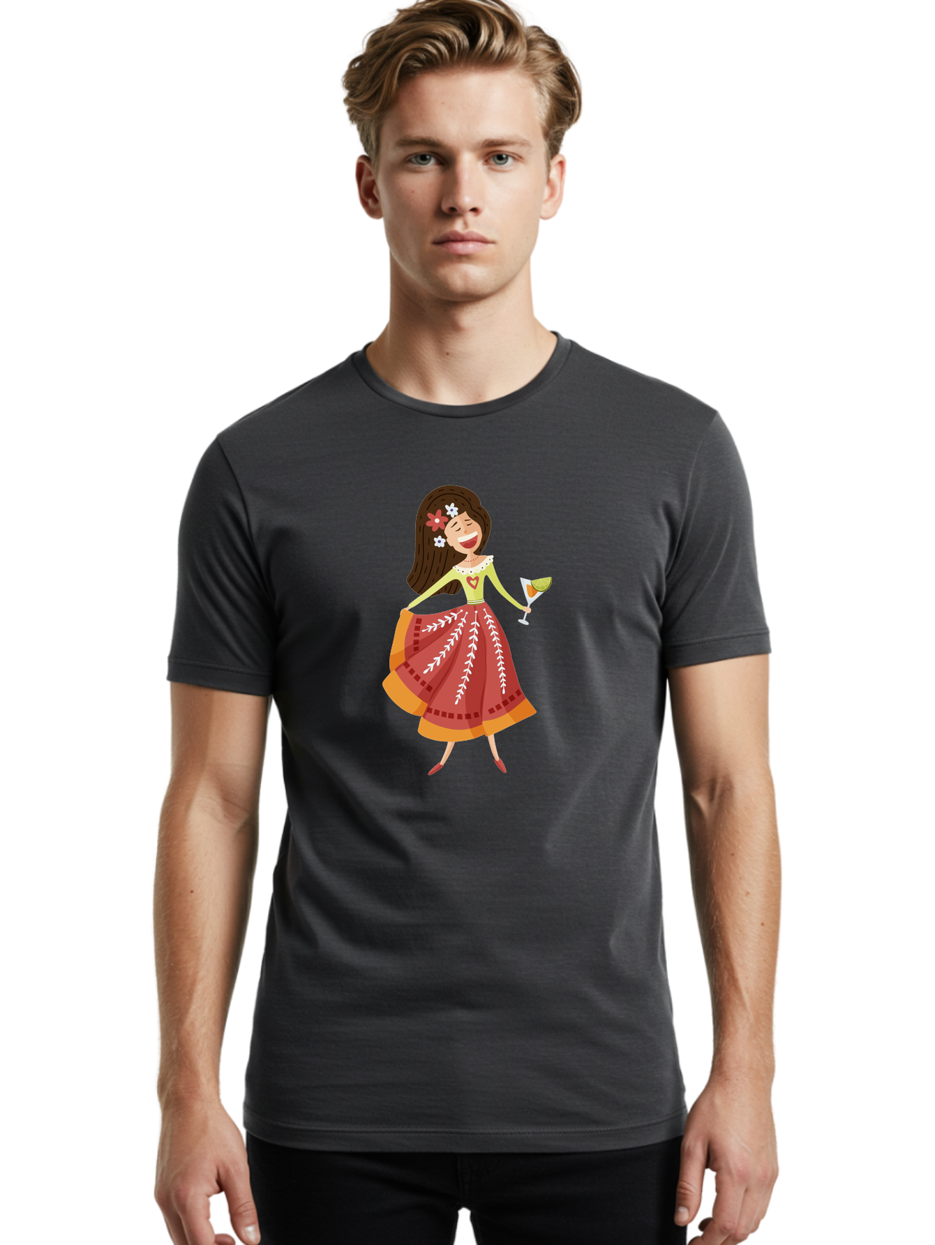 Woman-With-Cocktail Men'S Graphic Tee, 100% Cotton, Comfortable Casual Summer Wear, Machine Washable, Happy Woman, Cocktail Glass, Festive Atmosphere, Colorful Dress, Flowers In Hair, Celebratory Drink, Joyful Expression, Elegant Pose Aad773