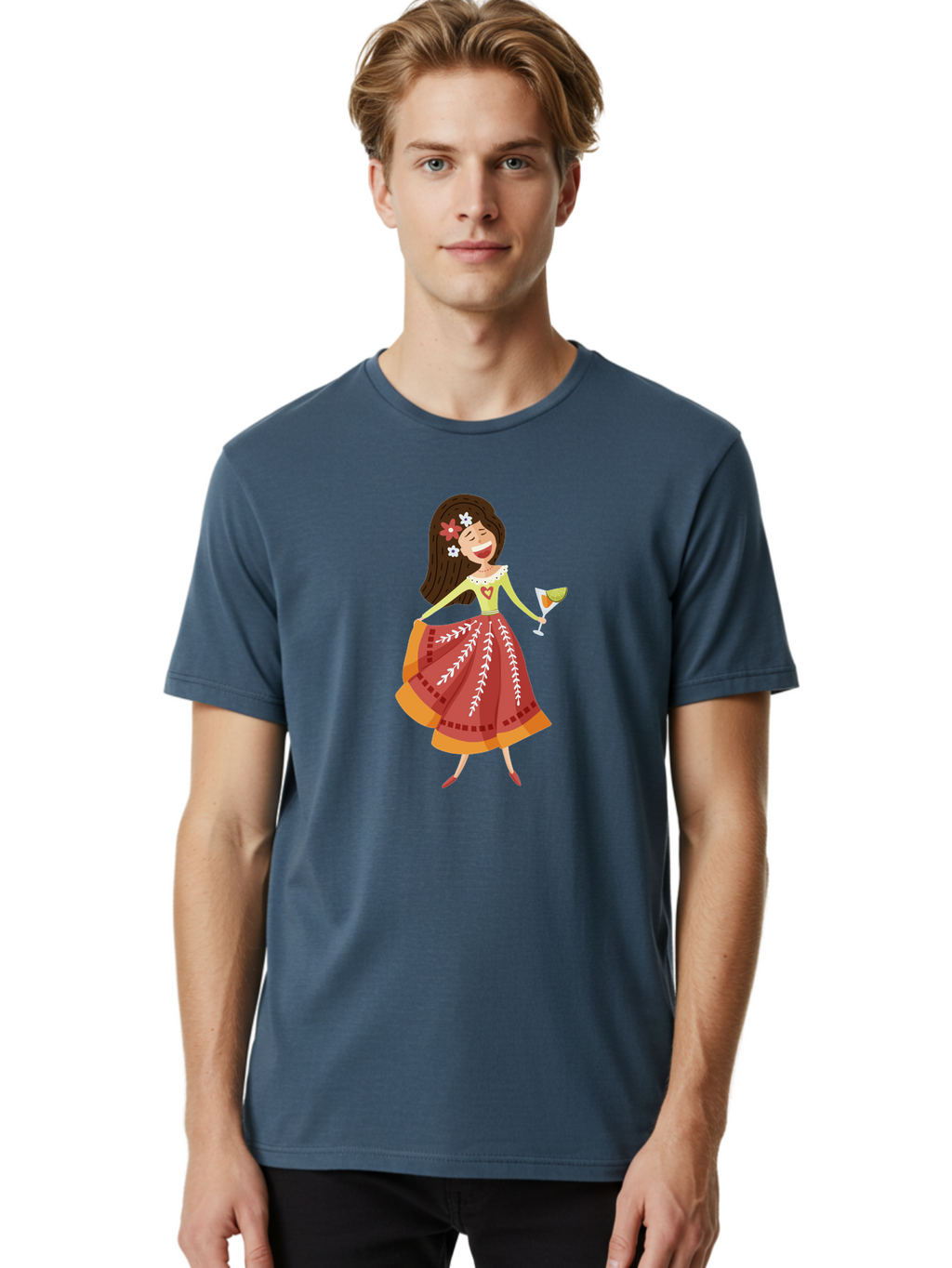 Woman-With-Cocktail Men'S Graphic Tee, 100% Cotton, Comfortable Casual Summer Wear, Machine Washable, Happy Woman, Cocktail Glass, Festive Atmosphere, Colorful Dress, Flowers In Hair, Celebratory Drink, Joyful Expression, Elegant Pose Aad773