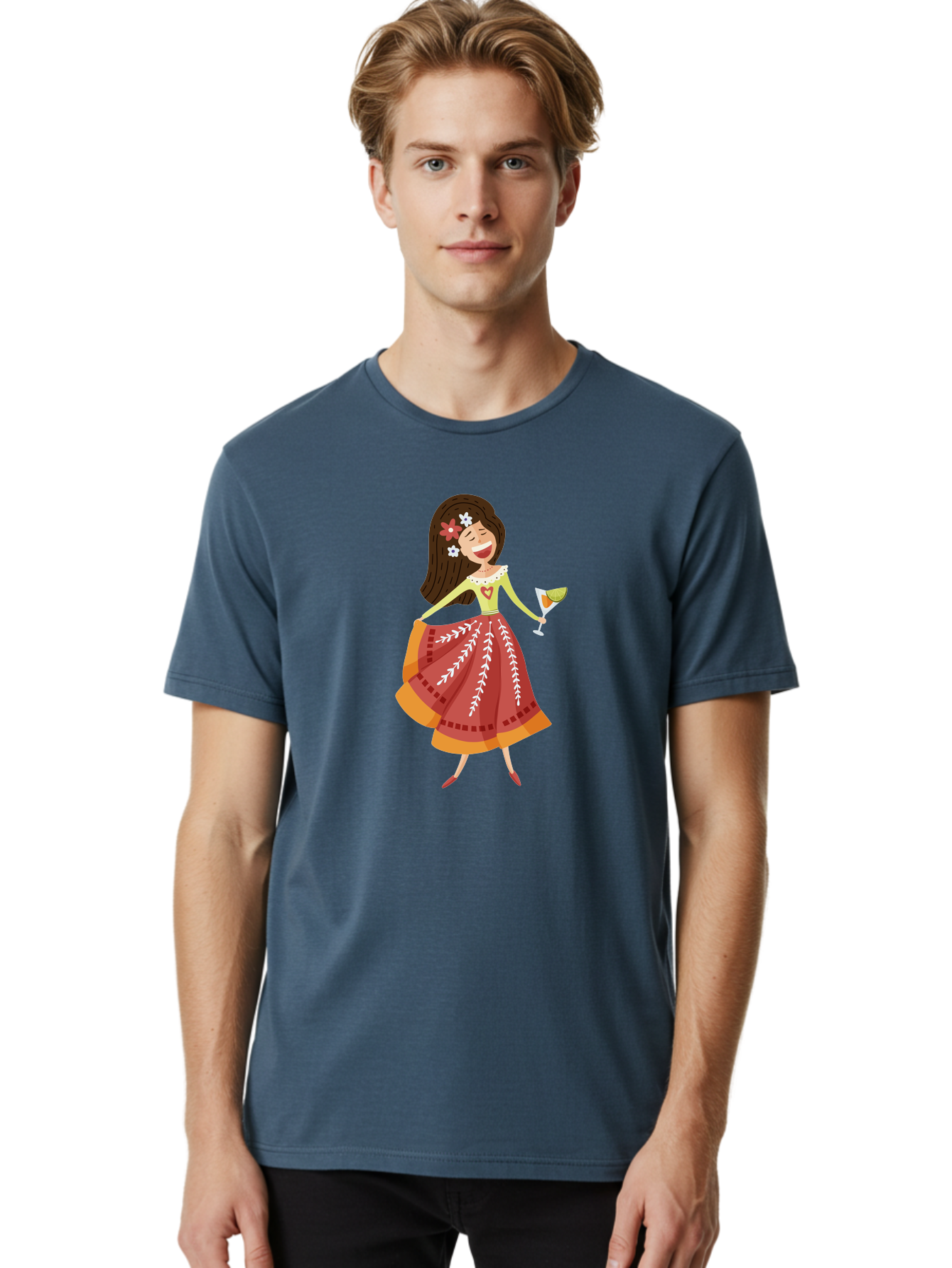 Woman-With-Cocktail Men'S Graphic Tee, 100% Cotton, Comfortable Casual Summer Wear, Machine Washable, Happy Woman, Cocktail Glass, Festive Atmosphere, Colorful Dress, Flowers In Hair, Celebratory Drink, Joyful Expression, Elegant Pose Aad773