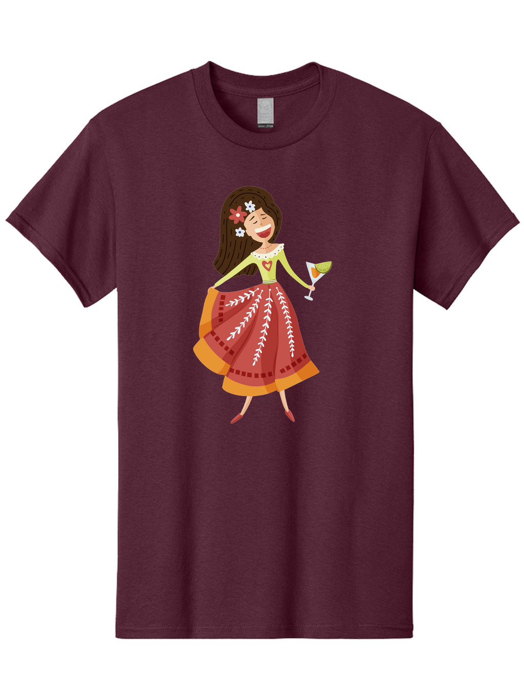 Woman-With-Cocktail Men'S Graphic Tee, 100% Cotton, Comfortable Casual Summer Wear, Machine Washable, Happy Woman, Cocktail Glass, Festive Atmosphere, Colorful Dress, Flowers In Hair, Celebratory Drink, Joyful Expression, Elegant Pose Aad773
