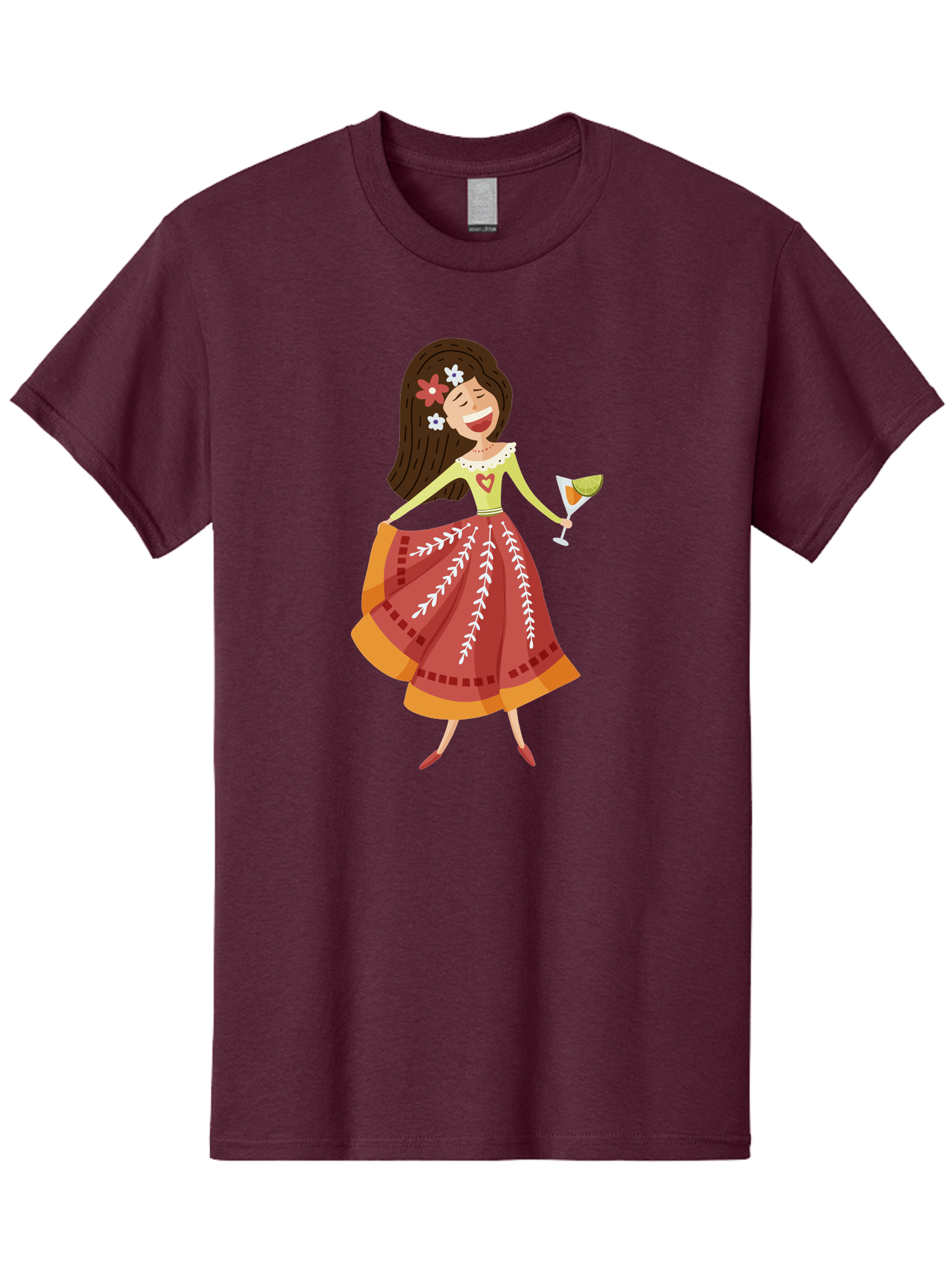 Woman-With-Cocktail Men'S Graphic Tee, 100% Cotton, Comfortable Casual Summer Wear, Machine Washable, Happy Woman, Cocktail Glass, Festive Atmosphere, Colorful Dress, Flowers In Hair, Celebratory Drink, Joyful Expression, Elegant Pose Aad773