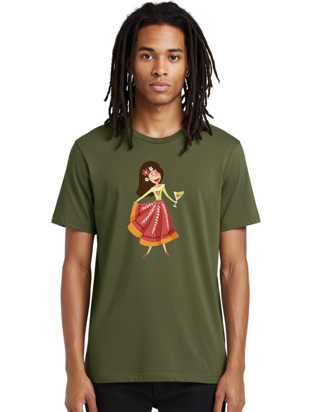 Woman-With-Cocktail Men'S Graphic Tee, 100% Cotton, Comfortable Casual Summer Wear, Machine Washable, Happy Woman, Cocktail Glass, Festive Atmosphere, Colorful Dress, Flowers In Hair, Celebratory Drink, Joyful Expression, Elegant Pose Aad773