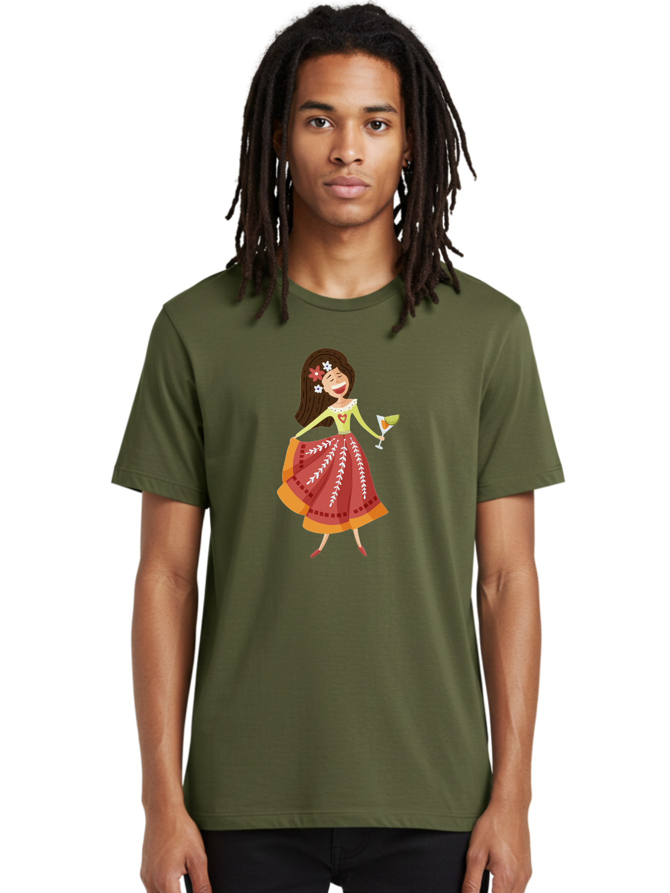 Woman-With-Cocktail Men'S Graphic Tee, 100% Cotton, Comfortable Casual Summer Wear, Machine Washable, Happy Woman, Cocktail Glass, Festive Atmosphere, Colorful Dress, Flowers In Hair, Celebratory Drink, Joyful Expression, Elegant Pose Aad773