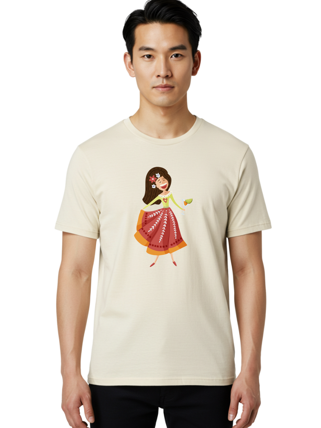 Woman-With-Cocktail Men'S Graphic Tee, 100% Cotton, Comfortable Casual Summer Wear, Machine Washable, Happy Woman, Cocktail Glass, Festive Atmosphere, Colorful Dress, Flowers In Hair, Celebratory Drink, Joyful Expression, Elegant Pose Aad773
