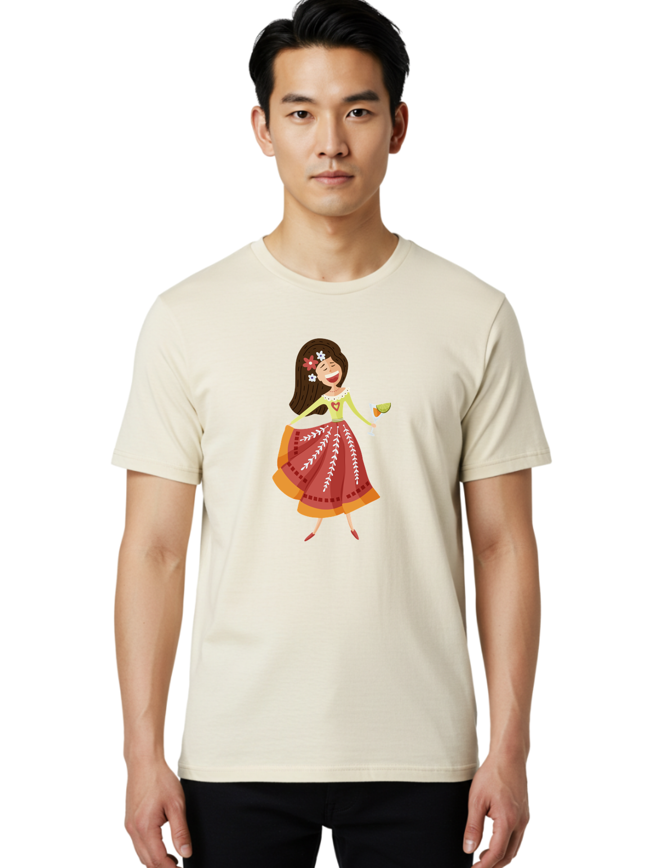 Woman-With-Cocktail Men'S Graphic Tee, 100% Cotton, Comfortable Casual Summer Wear, Machine Washable, Happy Woman, Cocktail Glass, Festive Atmosphere, Colorful Dress, Flowers In Hair, Celebratory Drink, Joyful Expression, Elegant Pose Aad773