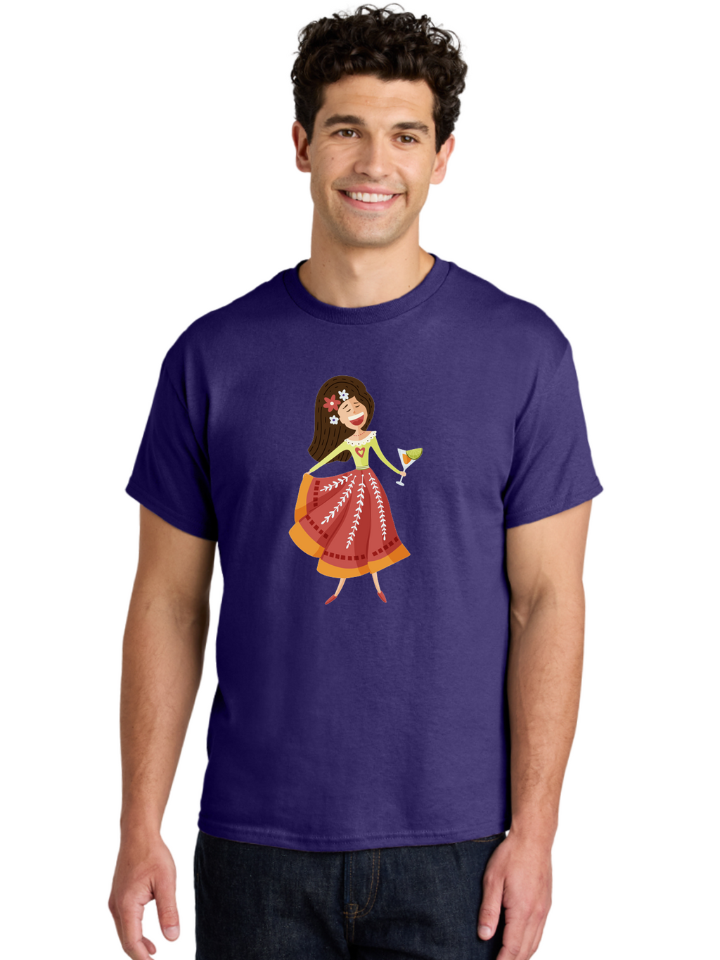 Woman-With-Cocktail Men'S Graphic Tee, 100% Cotton, Comfortable Casual Summer Wear, Machine Washable, Happy Woman, Cocktail Glass, Festive Atmosphere, Colorful Dress, Flowers In Hair, Celebratory Drink, Joyful Expression, Elegant Pose Aad773
