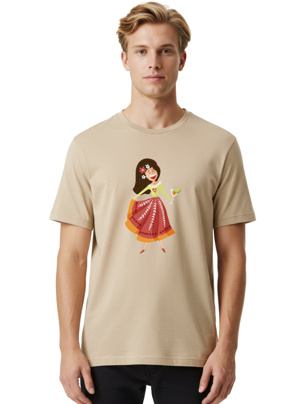 Woman-With-Cocktail Men'S Graphic Tee, 100% Cotton, Comfortable Casual Summer Wear, Machine Washable, Happy Woman, Cocktail Glass, Festive Atmosphere, Colorful Dress, Flowers In Hair, Celebratory Drink, Joyful Expression, Elegant Pose Aad773