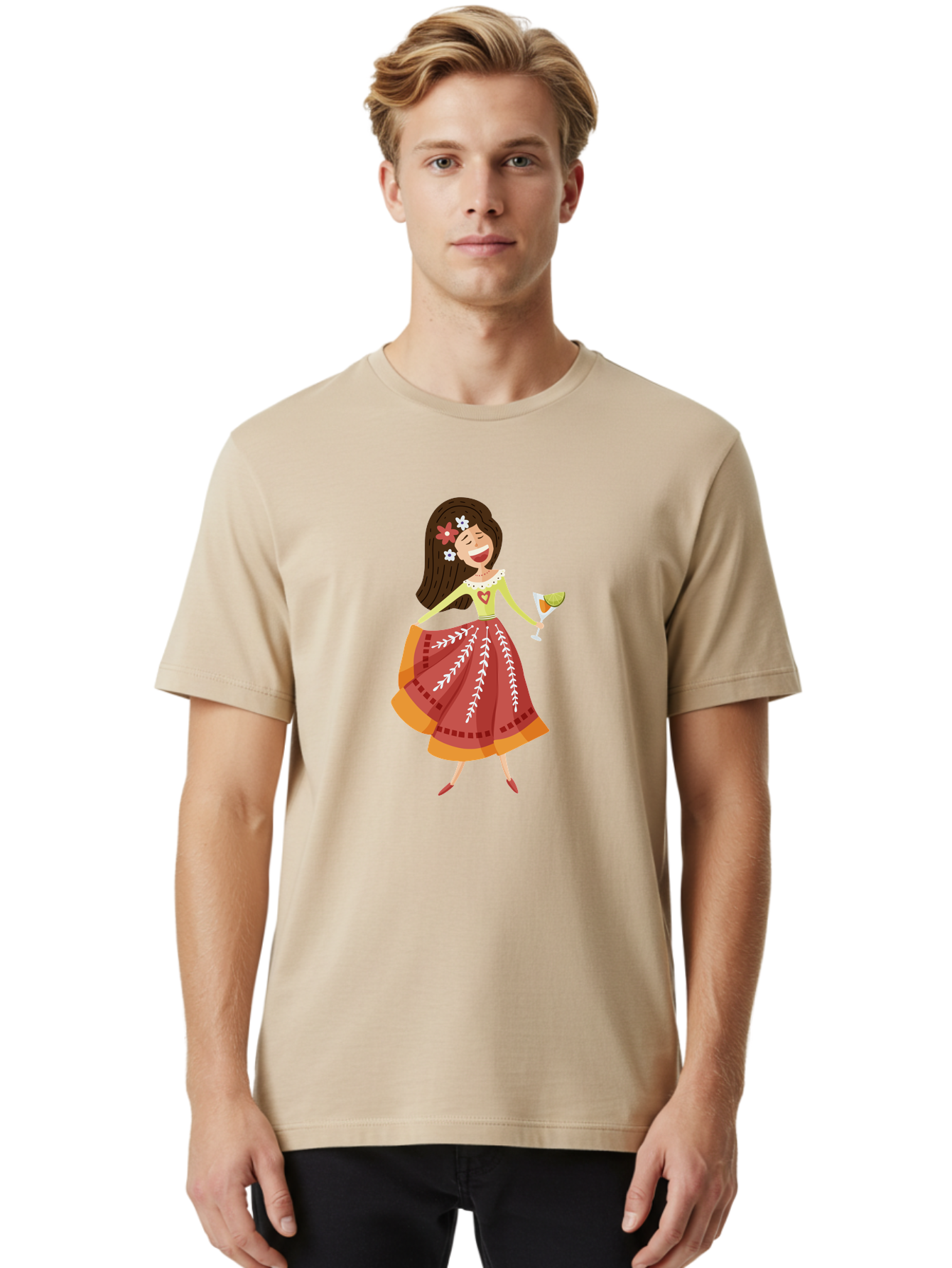 Woman-With-Cocktail Men'S Graphic Tee, 100% Cotton, Comfortable Casual Summer Wear, Machine Washable, Happy Woman, Cocktail Glass, Festive Atmosphere, Colorful Dress, Flowers In Hair, Celebratory Drink, Joyful Expression, Elegant Pose Aad773