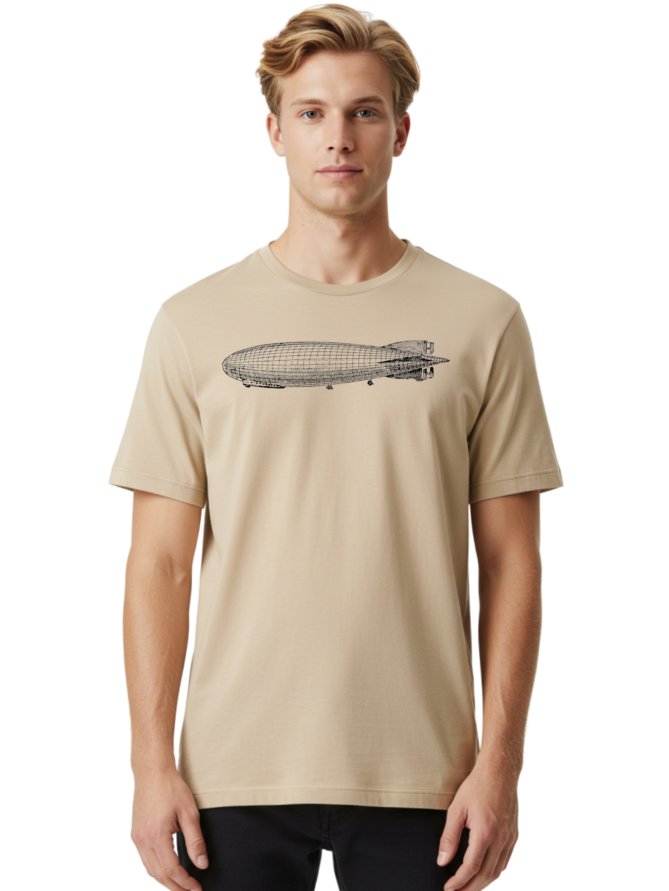 Airship Men'S Graphic Tee, 100% Cotton, Comfortable Casual Summer Wear, Machine Washable, Airship, Zeppelin, Dirigible, Aircraft, Luxury Travel, Historical Aviation, Vintage Transportation, Retro Style, Wireframe Model, 3D Rendering Aad776