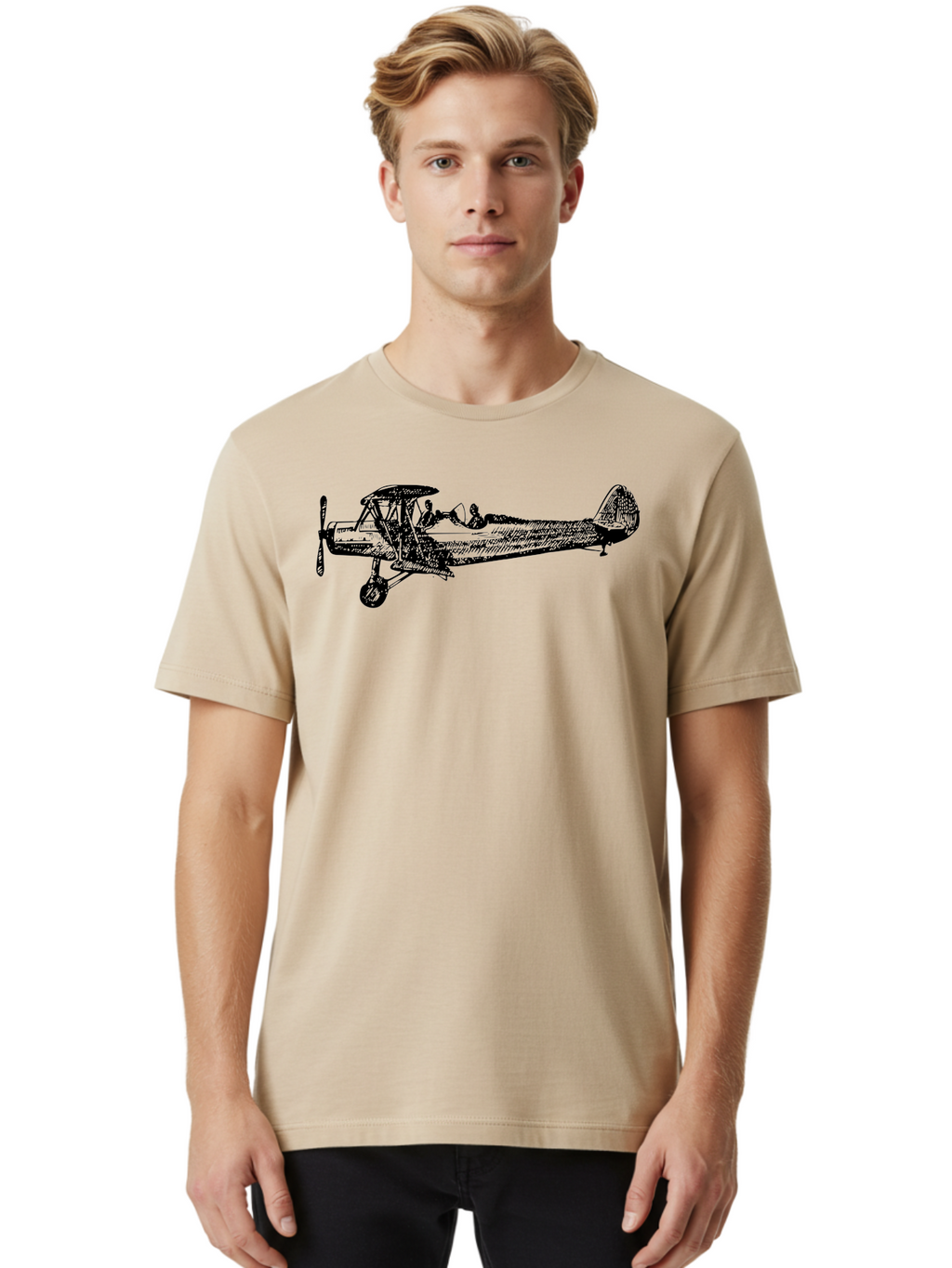 Biplane-3 Men'S Graphic Tee, 100% Cotton, Comfortable Casual Summer Wear, Machine Washable, Vintage Biplane, Classic Aircraft, Historical Aviation, Biplane Illustration, Pilot, Propeller Plane, Old Airplane, Flight, Retro Style Aad780