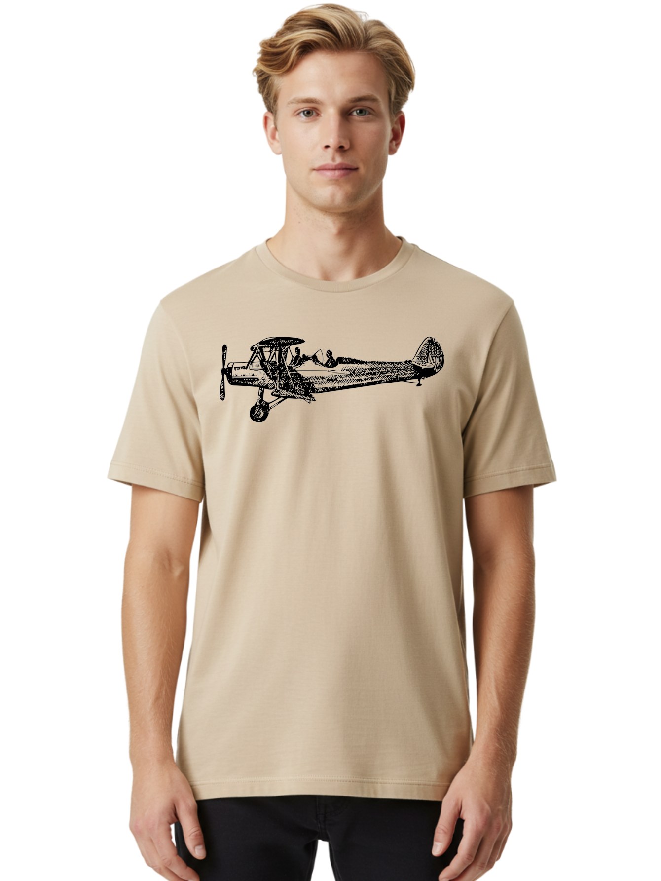Biplane-3 Men'S Graphic Tee, 100% Cotton, Comfortable Casual Summer Wear, Machine Washable, Vintage Biplane, Classic Aircraft, Historical Aviation, Biplane Illustration, Pilot, Propeller Plane, Old Airplane, Flight, Retro Style Aad780