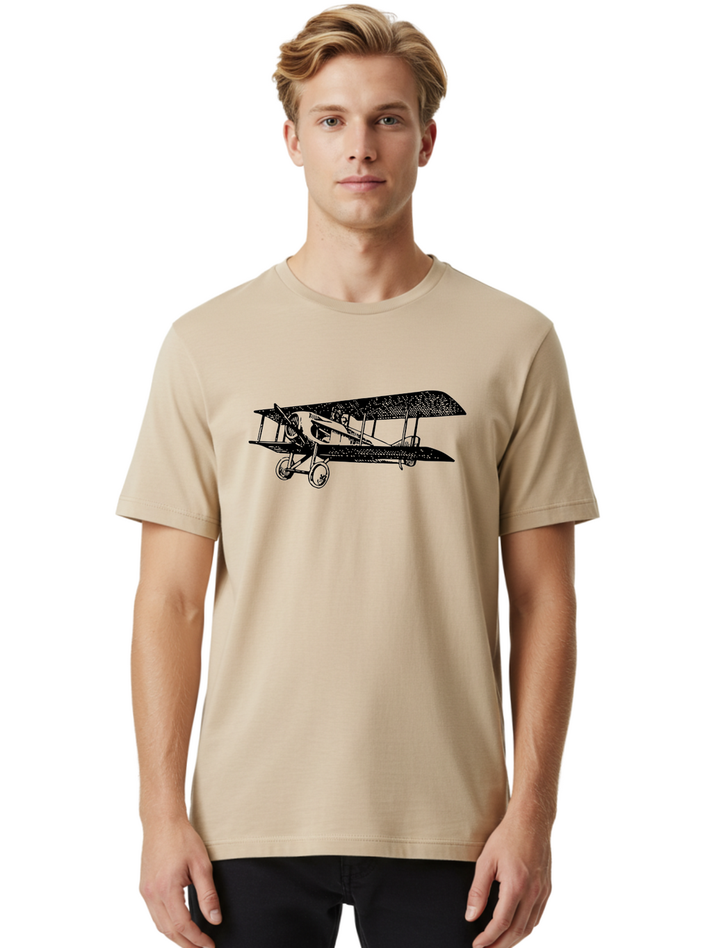 Biplane-Illustration Men'S Graphic Tee, 100% Cotton, Comfortable Casual Summer Wear, Machine Washable, Vintage Airplane, Classic Aircraft, Biplane Design, Historical Aviation, World War I, Military Aircraft, Sopwith Camel, Iconic Plane, Aad781