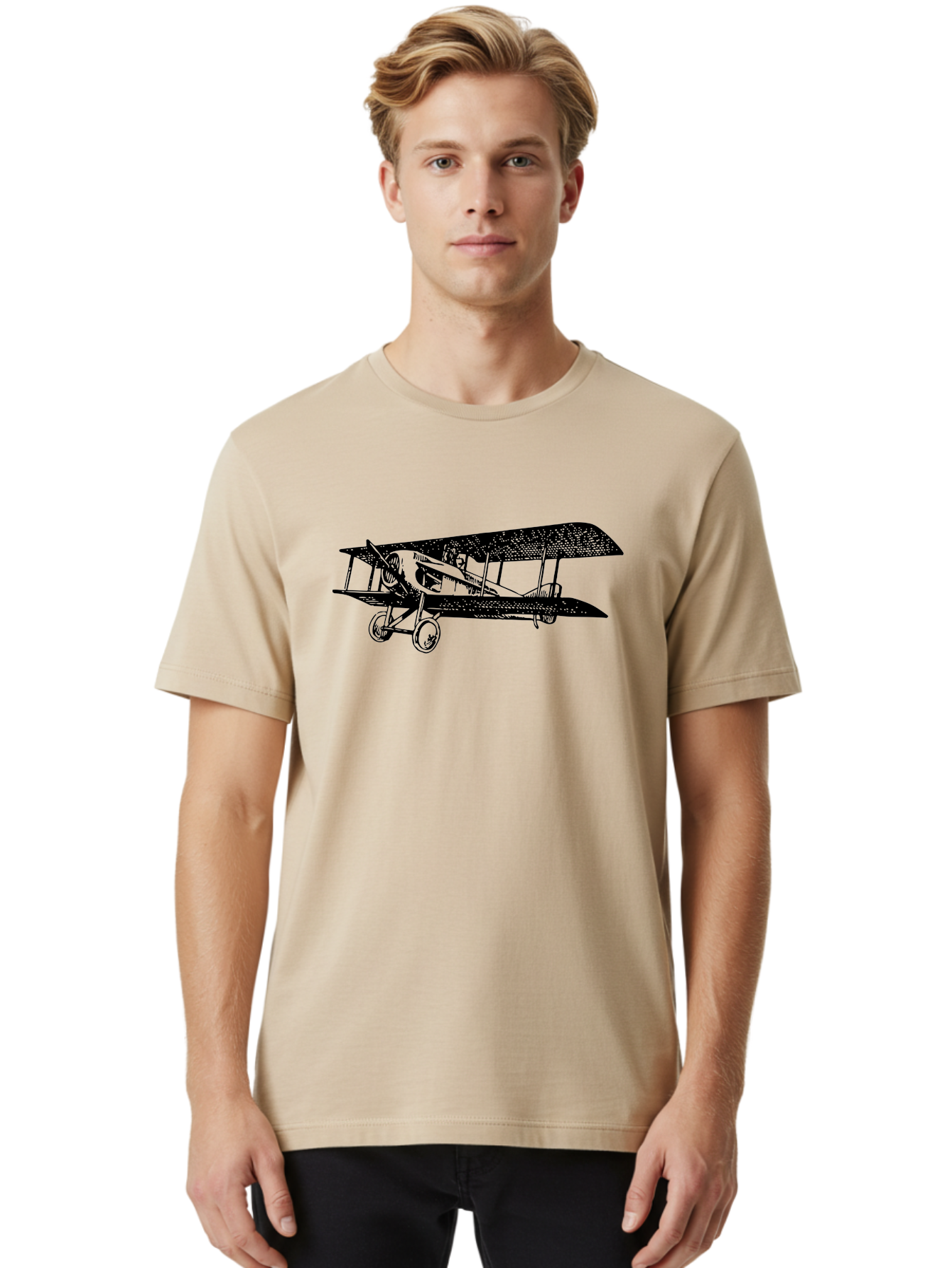Biplane-Illustration Men'S Graphic Tee, 100% Cotton, Comfortable Casual Summer Wear, Machine Washable, Vintage Airplane, Classic Aircraft, Biplane Design, Historical Aviation, World War I, Military Aircraft, Sopwith Camel, Iconic Plane, Aad781