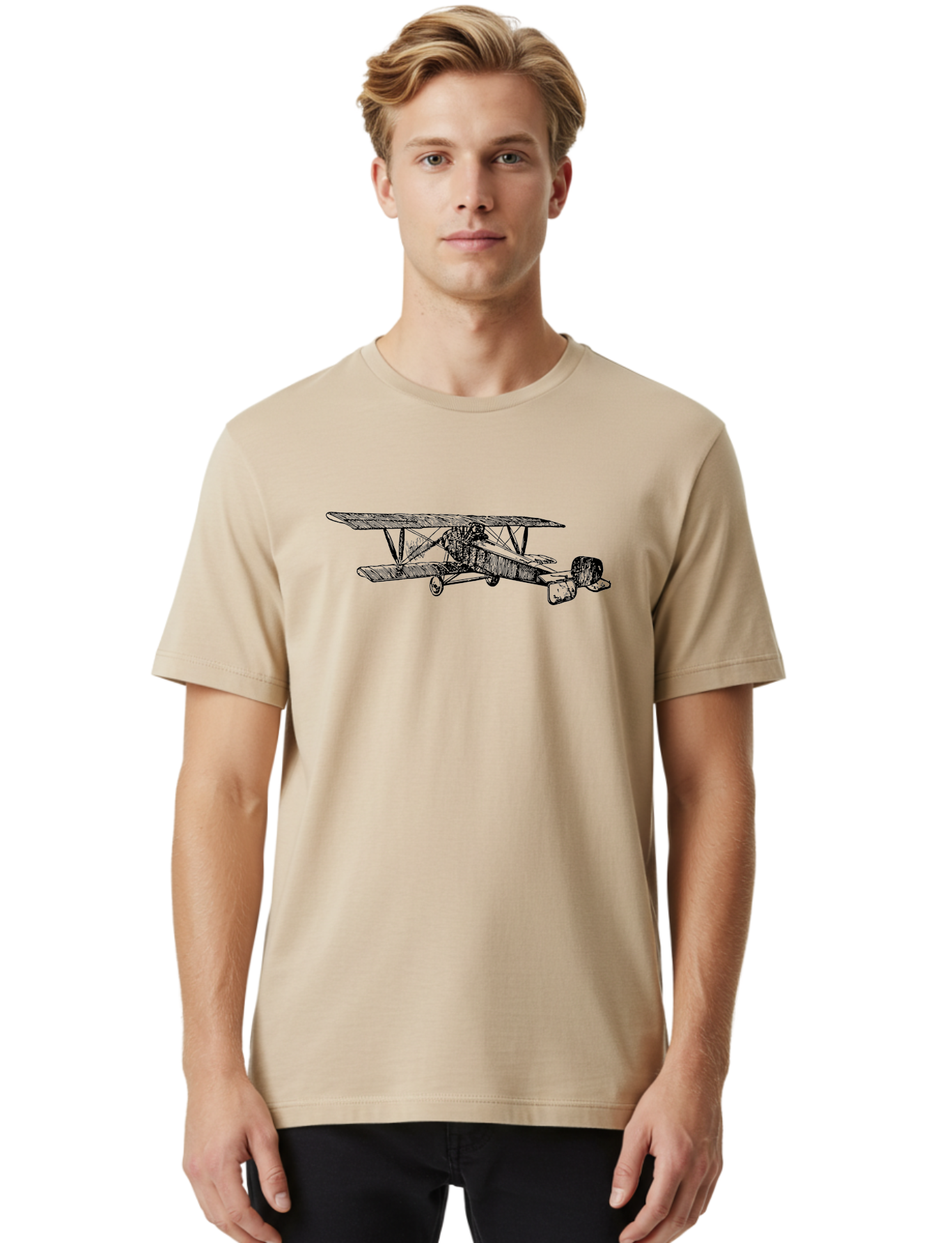 Biplane Men'S Graphic Tee, 100% Cotton, Comfortable Casual Summer Wear, Machine Washable, Vintage Airplane, Biplane Design, Sketch Art, Aviation History, Classic Aircraft, Retro Flying Machine, Nostalgic Transport Aad782