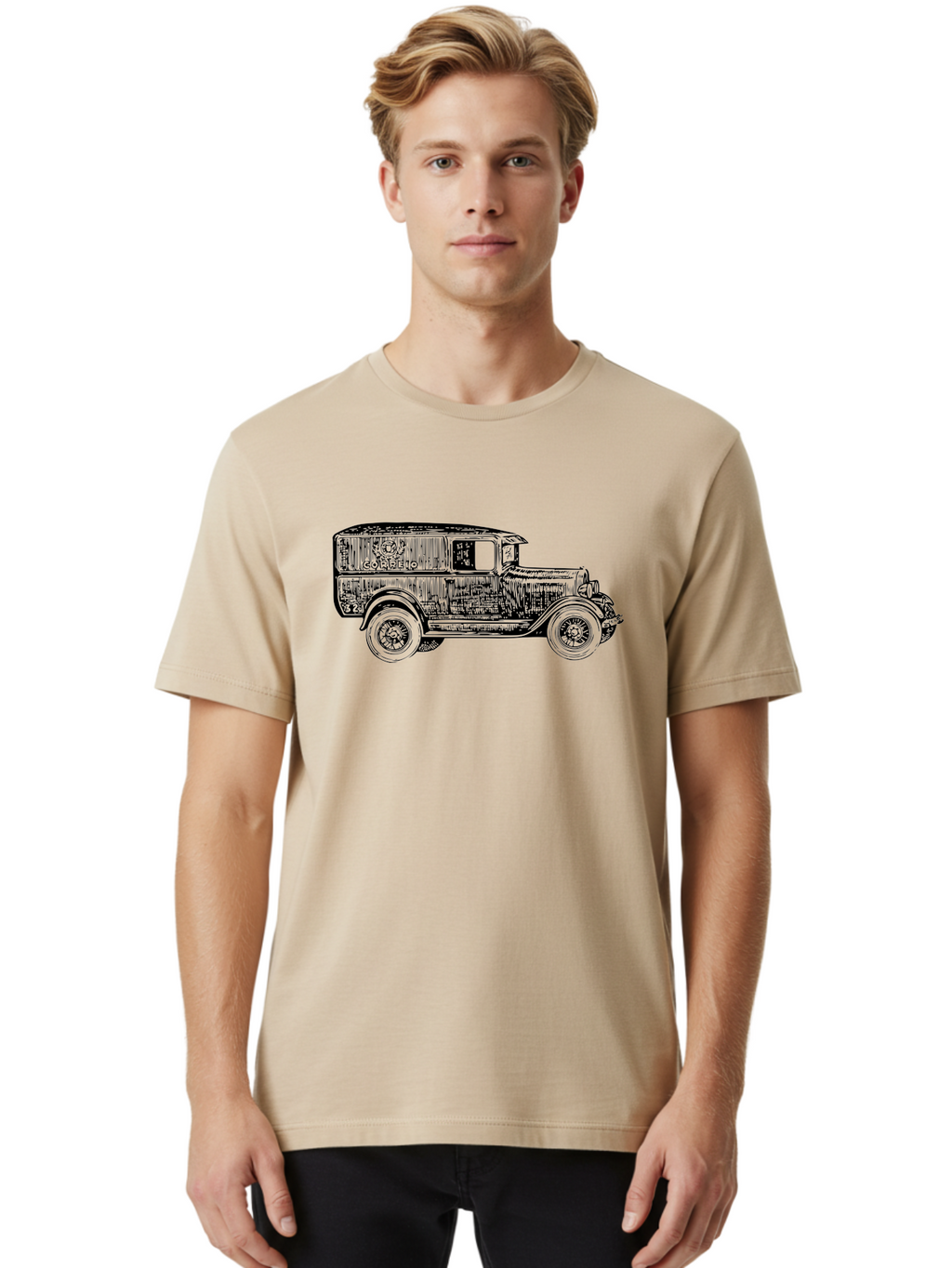 Correio Men'S Graphic Tee, 100% Cotton, Comfortable Casual Summer Wear, Machine Washable, Vintage Truck, Retro Vehicle, Classic Automobile, Correio Branding, Wooden Texture, Sketch Art, Antique Car, Nostalgic Design, Old-Fashioned, Aad784