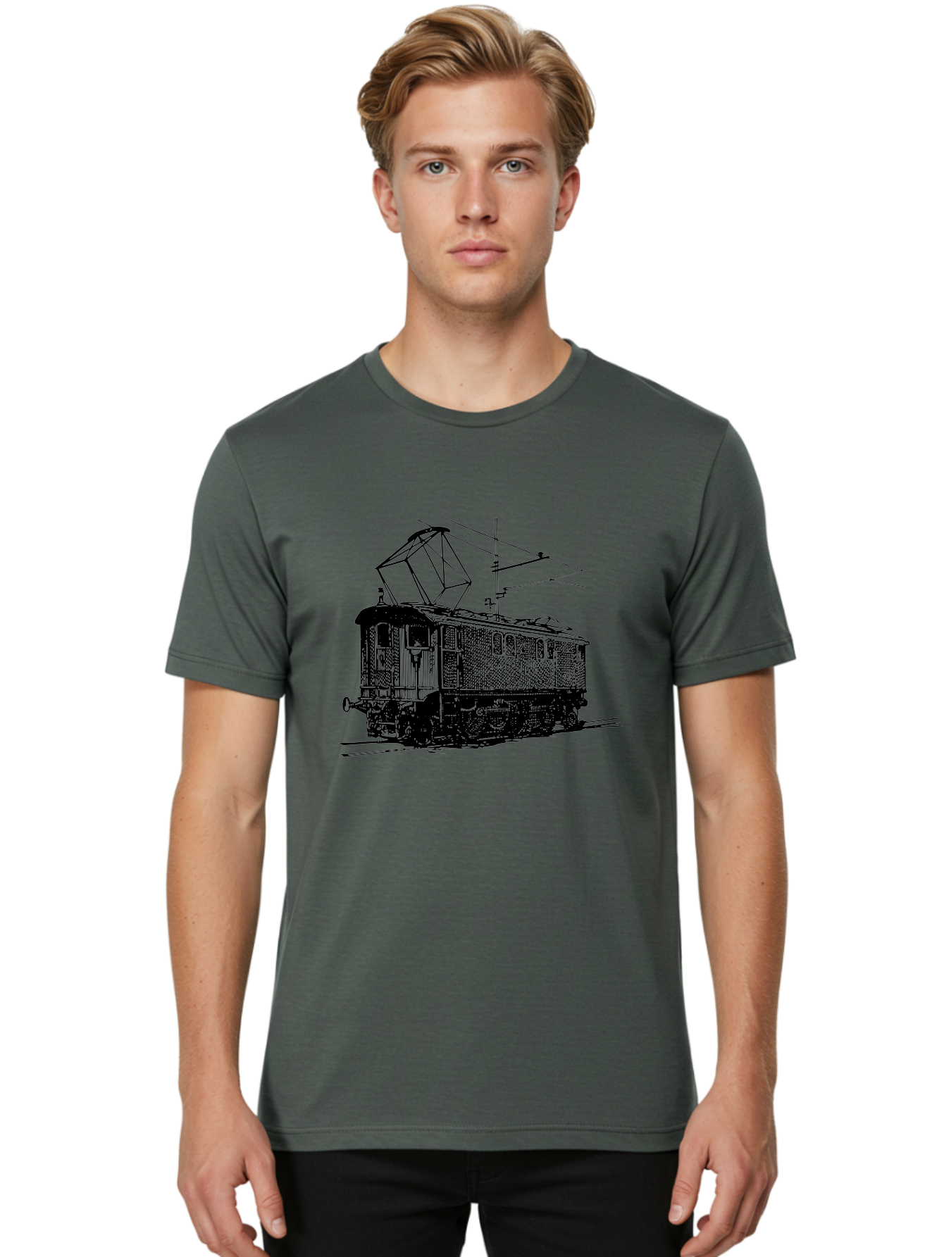 Electric-Train Men'S Graphic Tee, 100% Cotton, Comfortable Casual Summer Wear, Machine Washable, Vintage Electric Train, Railway Locomotive, Transportation Mode, Electric Power, Railway Technology, Historic Train Design, Public Transit Aad788