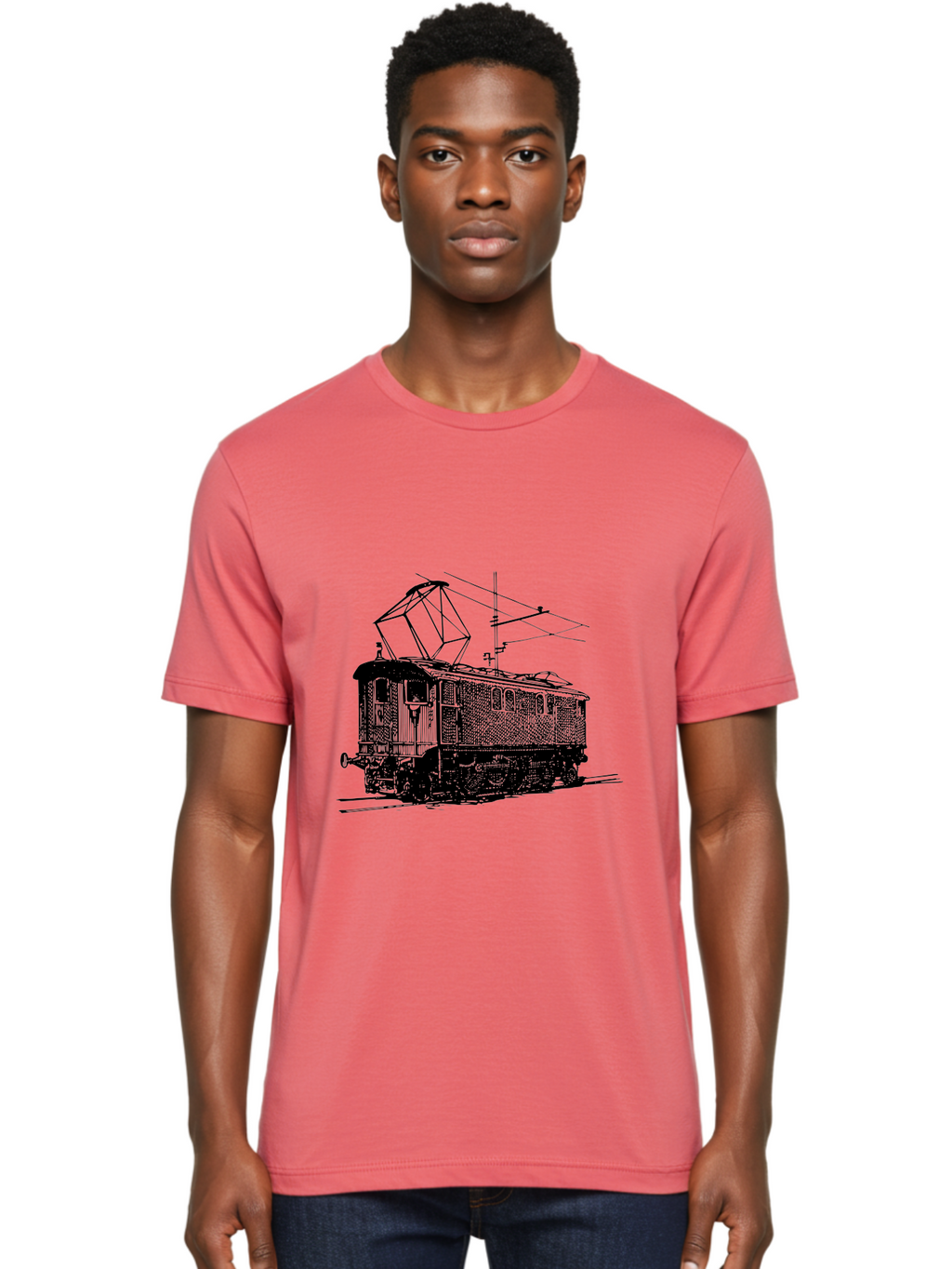 Electric-Train Men'S Graphic Tee, 100% Cotton, Comfortable Casual Summer Wear, Machine Washable, Vintage Electric Train, Railway Locomotive, Transportation Mode, Electric Power, Railway Technology, Historic Train Design, Public Transit Aad788