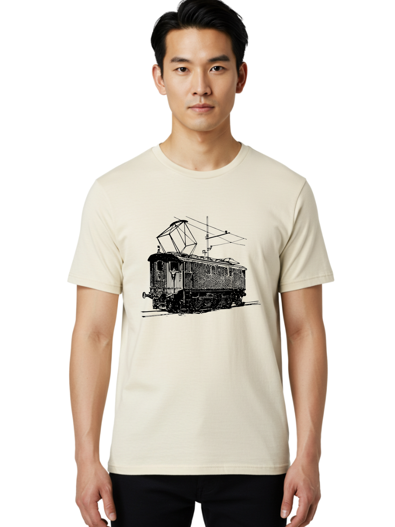 Electric-Train Men'S Graphic Tee, 100% Cotton, Comfortable Casual Summer Wear, Machine Washable, Vintage Electric Train, Railway Locomotive, Transportation Mode, Electric Power, Railway Technology, Historic Train Design, Public Transit Aad788