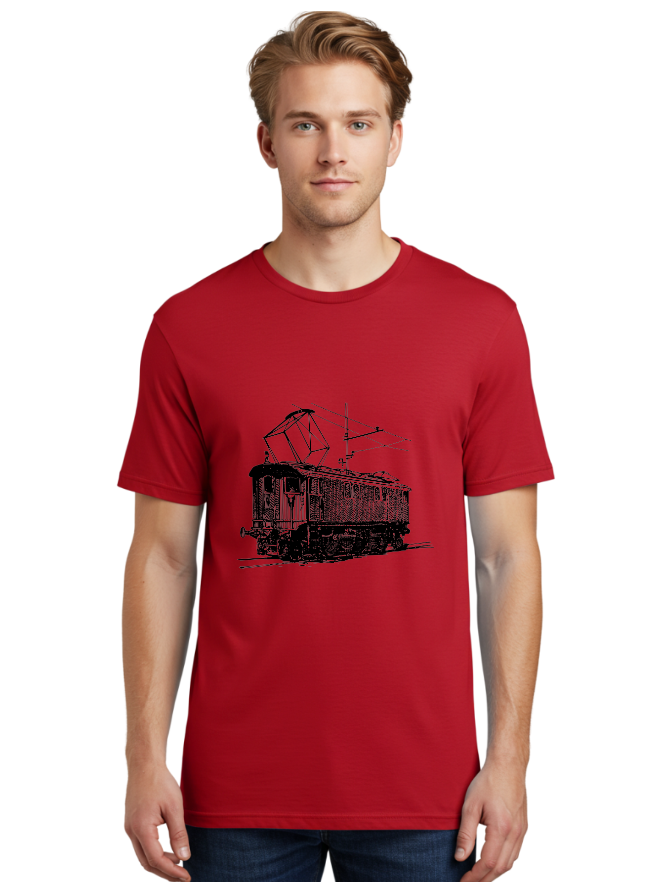Electric-Train Men'S Graphic Tee, 100% Cotton, Comfortable Casual Summer Wear, Machine Washable, Vintage Electric Train, Railway Locomotive, Transportation Mode, Electric Power, Railway Technology, Historic Train Design, Public Transit Aad788