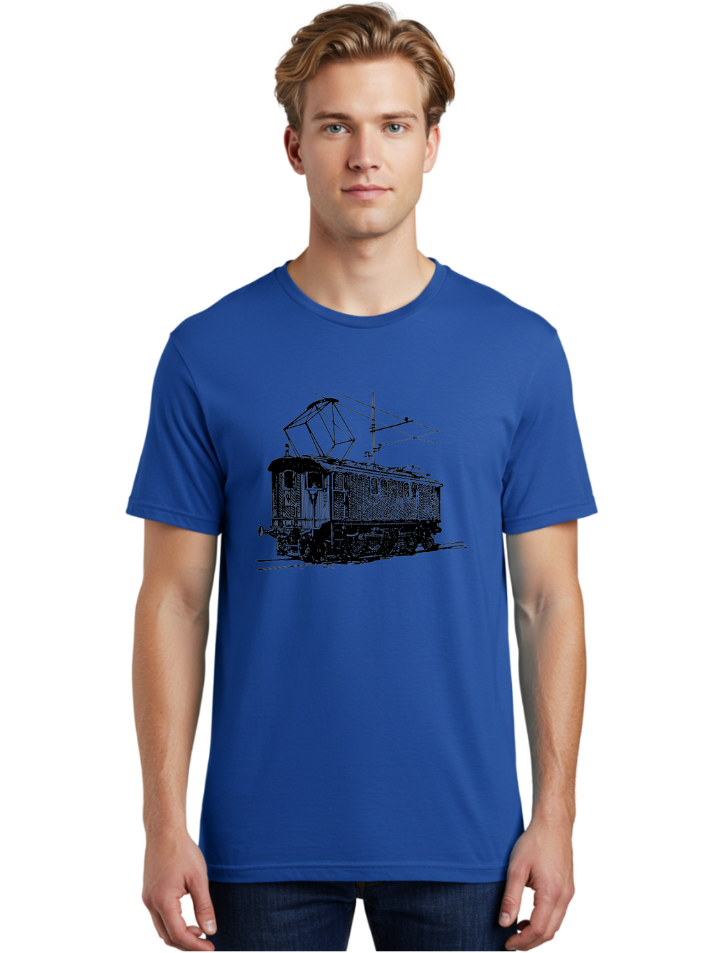 Electric-Train Men'S Graphic Tee, 100% Cotton, Comfortable Casual Summer Wear, Machine Washable, Vintage Electric Train, Railway Locomotive, Transportation Mode, Electric Power, Railway Technology, Historic Train Design, Public Transit Aad788