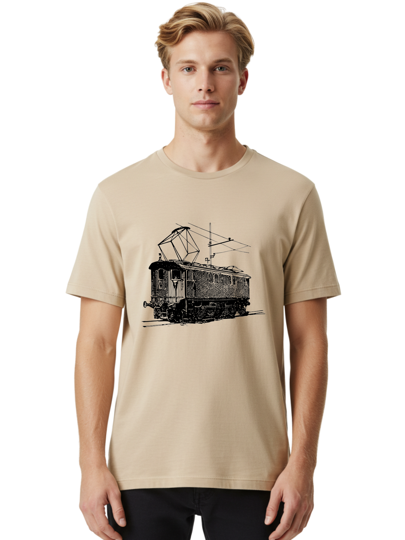 Electric-Train Men'S Graphic Tee, 100% Cotton, Comfortable Casual Summer Wear, Machine Washable, Vintage Electric Train, Railway Locomotive, Transportation Mode, Electric Power, Railway Technology, Historic Train Design, Public Transit Aad788