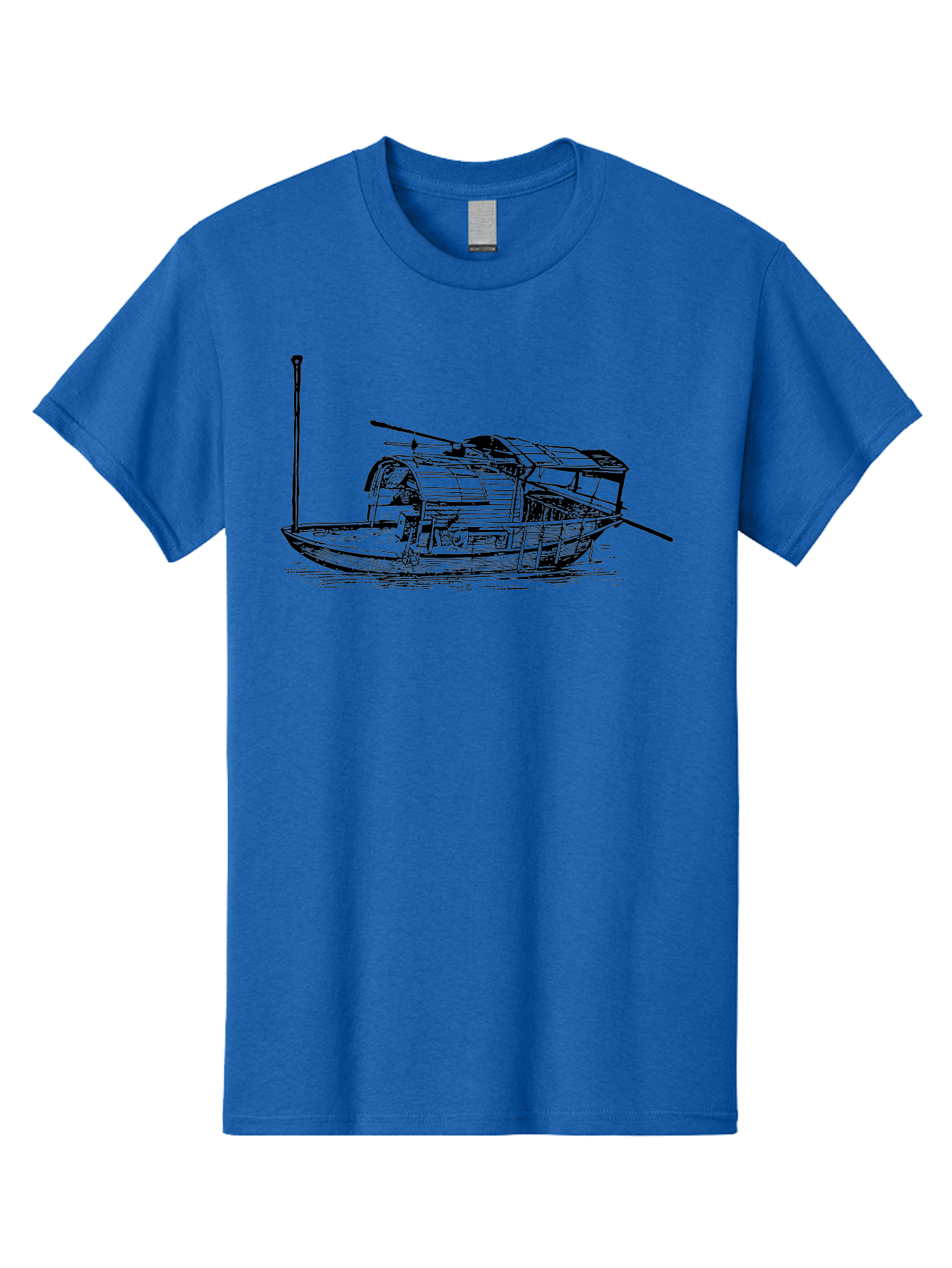 Floating-Houseboat Men'S Graphic Tee, 100% Cotton, Comfortable Casual Summer Wear, Machine Washable, Houseboat, Floating Home, Watercraft, Traditional Architecture, Serene Atmosphere, Vintage Illustration, Nautical Design, Peaceful Ambiance, Aad790