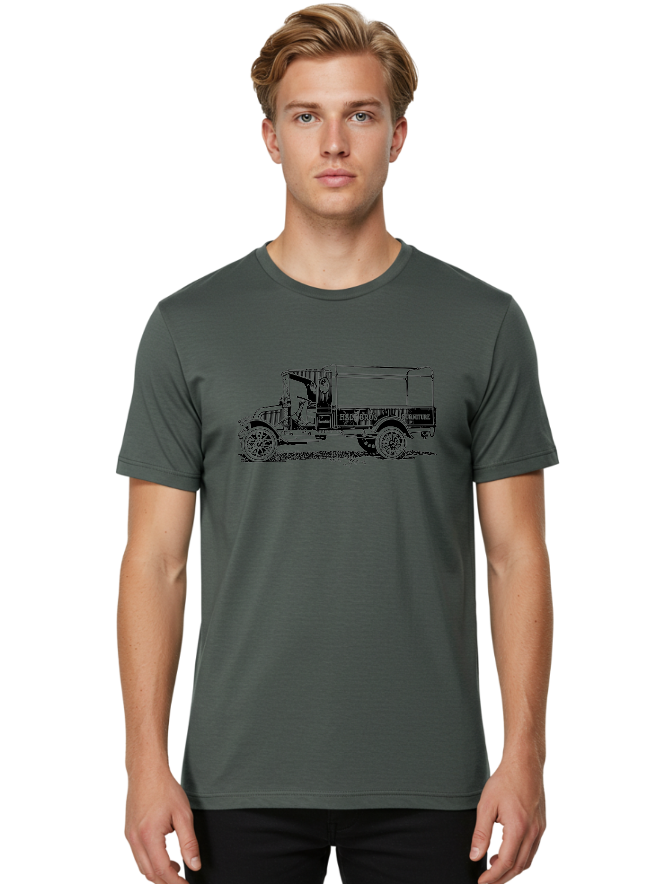 Hall-Bros-Furniture Men'S Graphic Tee, 100% Cotton, Comfortable Casual Summer Wear, Machine Washable, Vintage Truck, Antique Delivery Vehicle, Hale Bros Furniture, Classic Truck Design, Old Truck, Retro Transportation, Furniture Delivery, Aad792