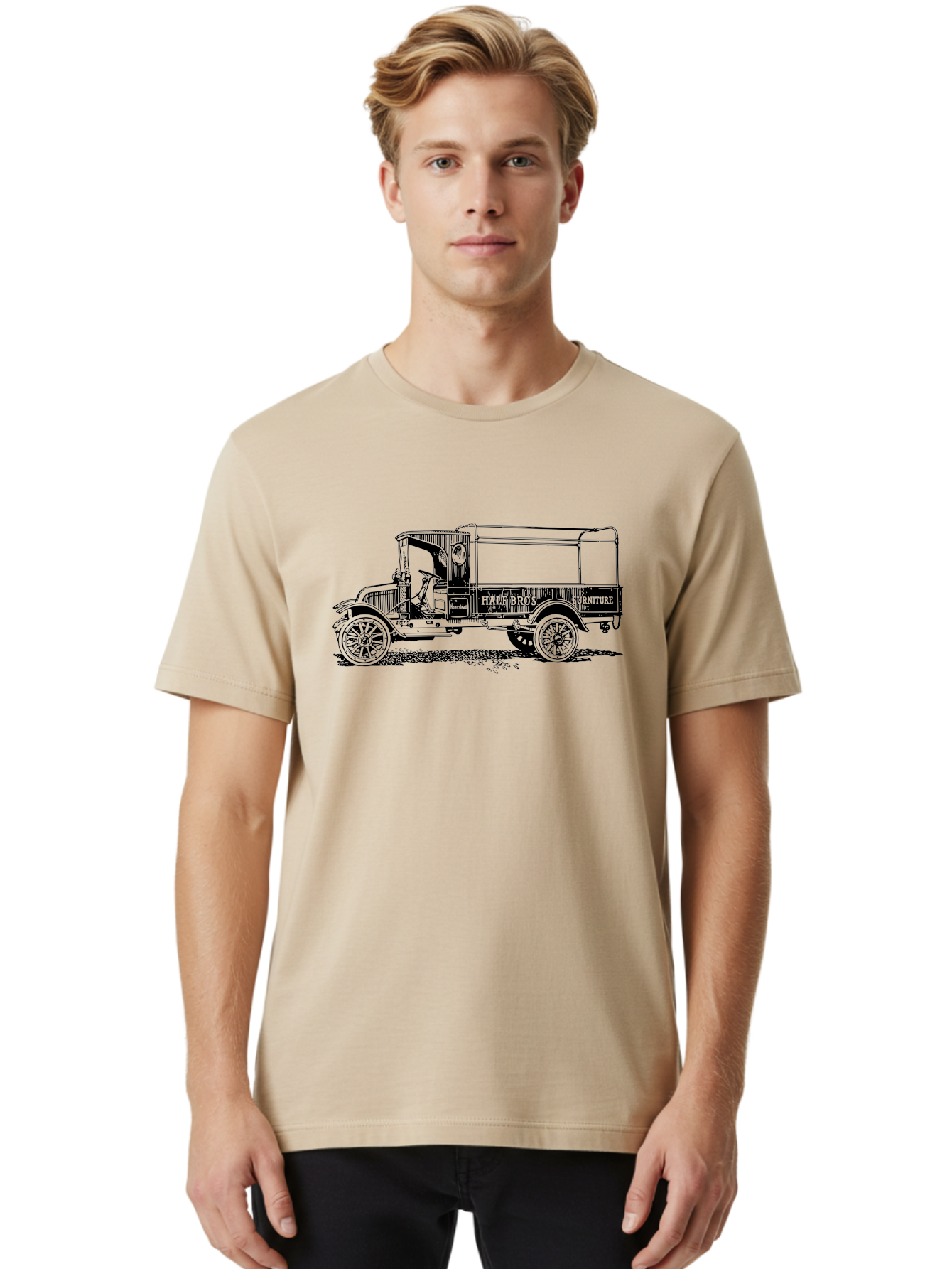 Hall-Bros-Furniture Men'S Graphic Tee, 100% Cotton, Comfortable Casual Summer Wear, Machine Washable, Vintage Truck, Antique Delivery Vehicle, Hale Bros Furniture, Classic Truck Design, Old Truck, Retro Transportation, Furniture Delivery, Aad792