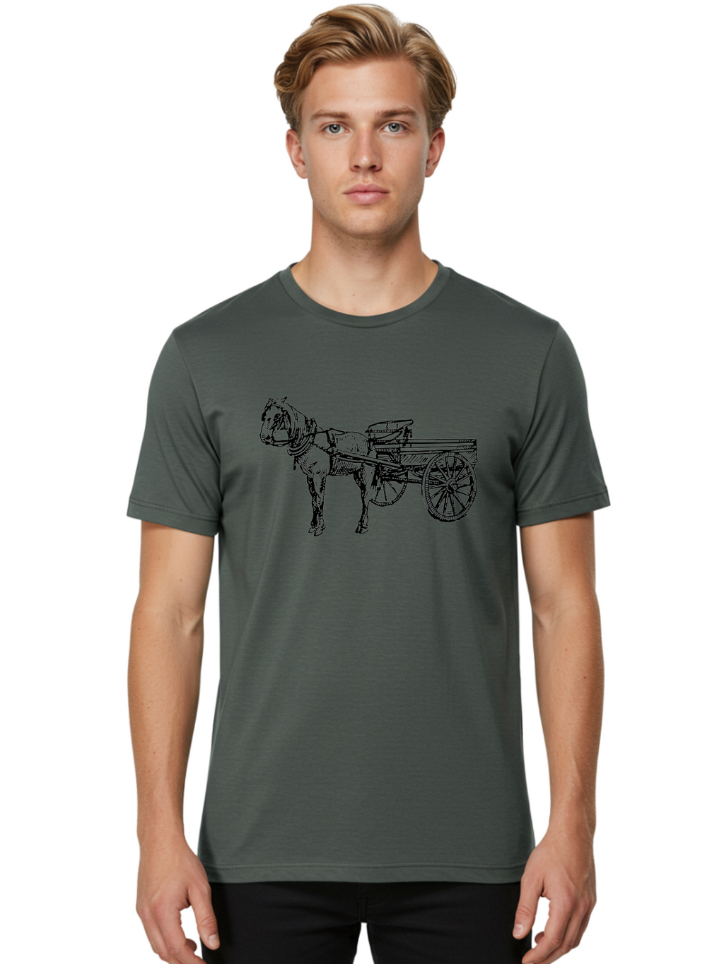Horse-And-Cart Men'S Graphic Tee, 100% Cotton, Comfortable Casual Summer Wear, Machine Washable, Horse Drawn Cart, Vintage Transportation, Traditional Carriage, Horse Harness, Wooden Cart Wheels, Classic Illustration, Historical Vehicle, Aad793