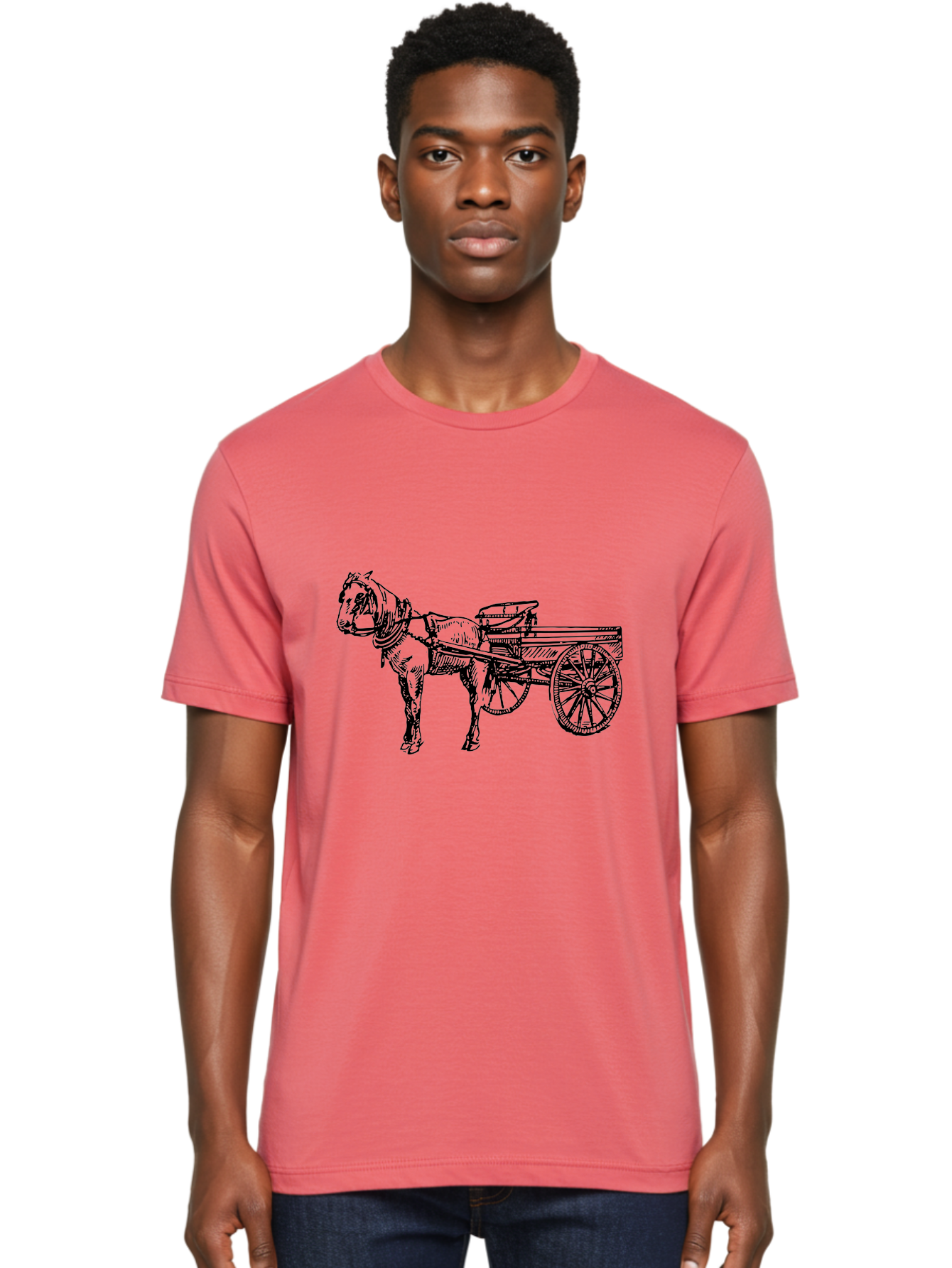 Horse-And-Cart Men'S Graphic Tee, 100% Cotton, Comfortable Casual Summer Wear, Machine Washable, Horse Drawn Cart, Vintage Transportation, Traditional Carriage, Horse Harness, Wooden Cart Wheels, Classic Illustration, Historical Vehicle, Aad793