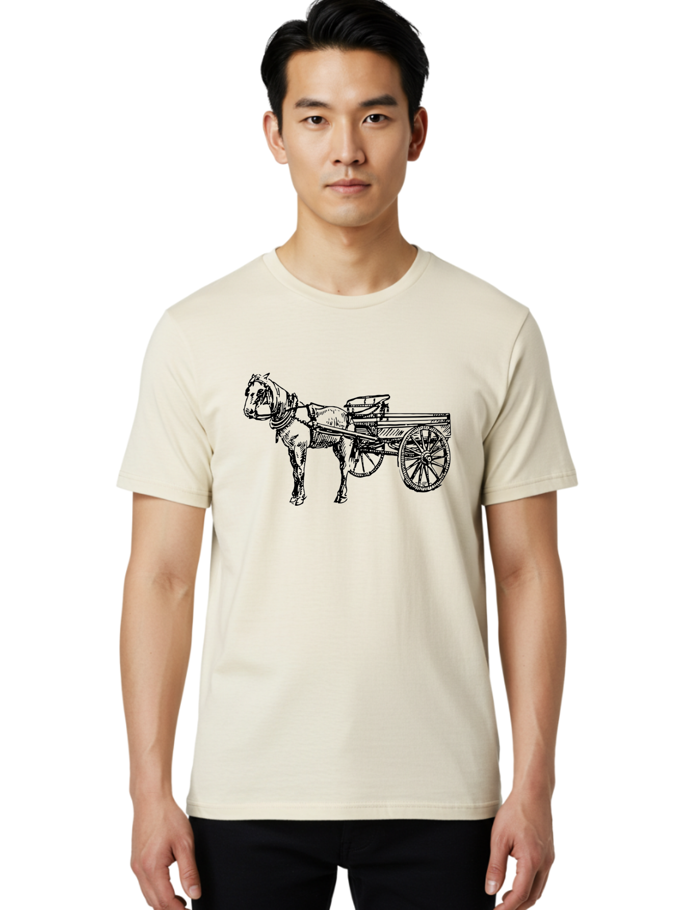 Horse-And-Cart Men'S Graphic Tee, 100% Cotton, Comfortable Casual Summer Wear, Machine Washable, Horse Drawn Cart, Vintage Transportation, Traditional Carriage, Horse Harness, Wooden Cart Wheels, Classic Illustration, Historical Vehicle, Aad793