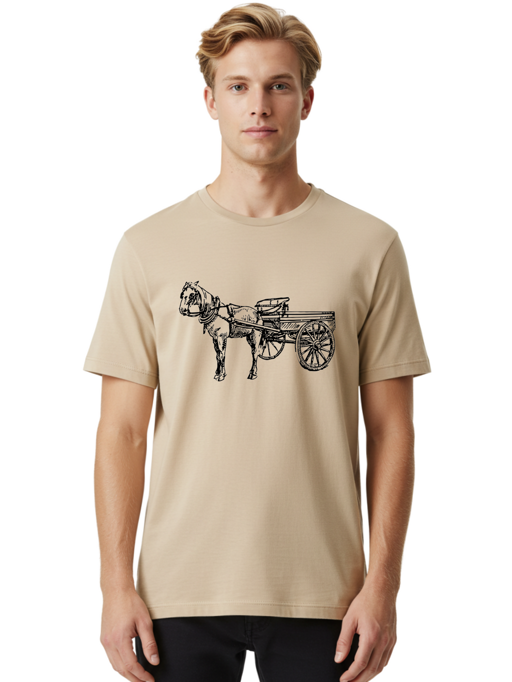 Horse-And-Cart Men'S Graphic Tee, 100% Cotton, Comfortable Casual Summer Wear, Machine Washable, Horse Drawn Cart, Vintage Transportation, Traditional Carriage, Horse Harness, Wooden Cart Wheels, Classic Illustration, Historical Vehicle, Aad793