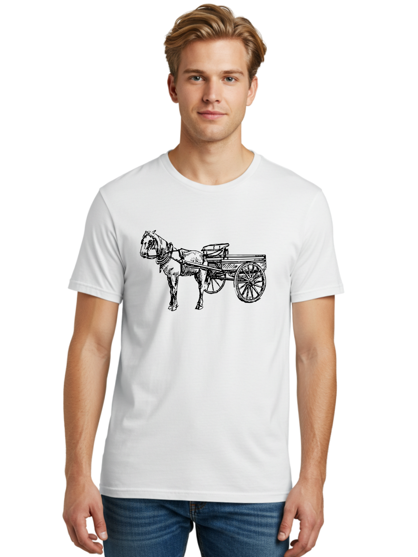 Horse-And-Cart Men'S Graphic Tee, 100% Cotton, Comfortable Casual Summer Wear, Machine Washable, Horse Drawn Cart, Vintage Transportation, Traditional Carriage, Horse Harness, Wooden Cart Wheels, Classic Illustration, Historical Vehicle, Aad793