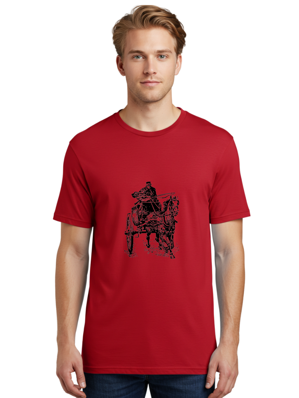 Horse-Drawn-Cart-1 Men'S Graphic Tee, 100% Cotton, Comfortable Casual Summer Wear, Machine Washable, Horse Drawn Carriage, Vintage Transportation, Horse Riding, Old-Fashioned Travel, Carriage Ride, Equestrian Art, Classic Illustration, Aad794