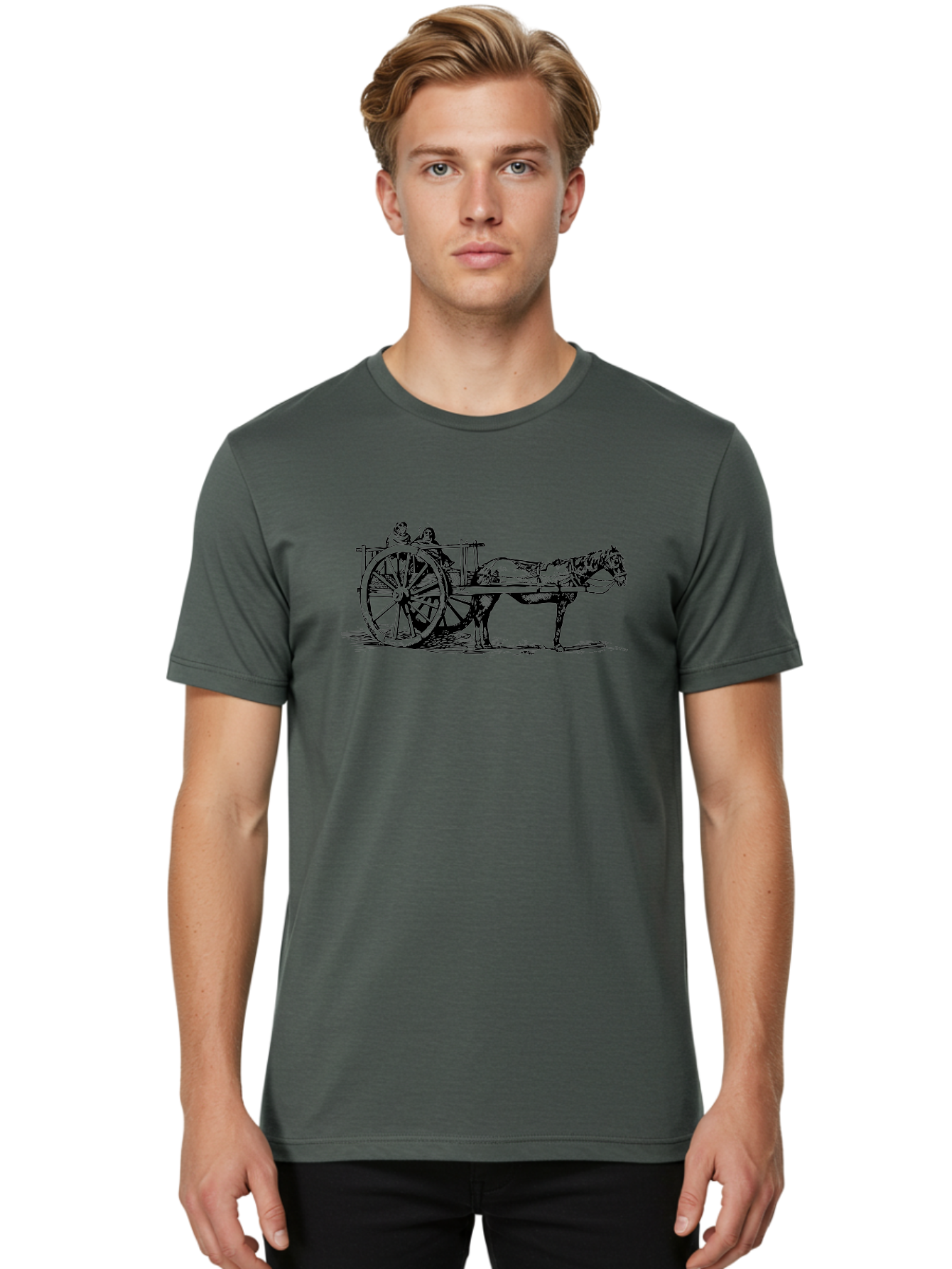 Horse-Drawn-Cart Men'S Graphic Tee, 100% Cotton, Comfortable Casual Summer Wear, Machine Washable, Vintage Horse Cart, Horse Drawn Carriage, Traditional Transportation, Classic Cart Illustration, Horse And Carriage, People Riding Cart, Aad795