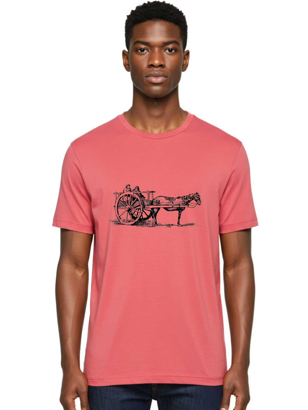 Horse-Drawn-Cart Men'S Graphic Tee, 100% Cotton, Comfortable Casual Summer Wear, Machine Washable, Vintage Horse Cart, Horse Drawn Carriage, Traditional Transportation, Classic Cart Illustration, Horse And Carriage, People Riding Cart, Aad795